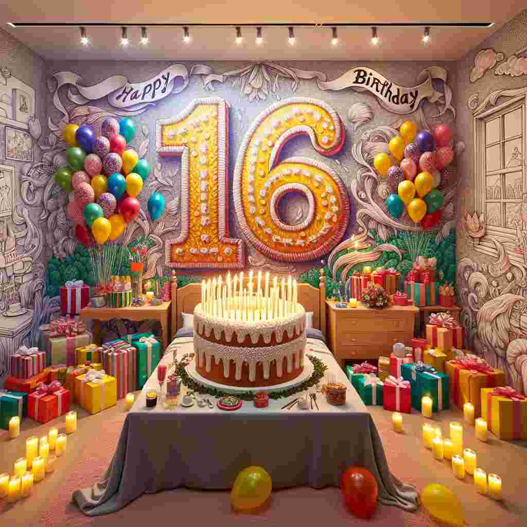 A charming bedroom scene where the wall is draped with a banner exclaiming 'Happy Birthday', and a large '16' sits on a table as part of a decorative piece, surrounded by gifts, balloons, and a hand-drawn cake with candles waiting to be blown out.
Generated with these themes: 16th  .
Made with ❤️ by AI.