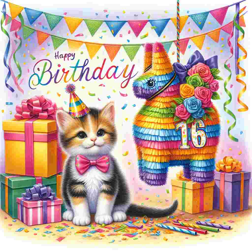 An adorable kitten wearing a party hat sits next to a pile of presents, with a '16' shaped pinata hanging above. 'Happy Birthday' is spelled out in cute lettering on the piñata, and the scene is festooned with colorful streamers and confetti.
Generated with these themes: 16th  .
Made with ❤️ by AI.