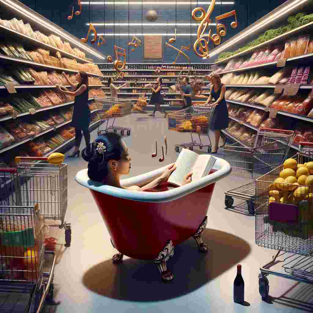 Imagine a dreamlike scene taking place within a supermarket where shopping carts and shelves full of groceries encircle a remarkable bathtub filled with red wine. In this out-of-the-ordinary oasis, a woman of Asian descent is relaxing comfortably, deeply engrossed in her book, the soft pages slightly shaking amid the hustle and bustle. Unfolding around her is a cheerful musical performance akin to the ornate productions on Broadway, serenading her with tunes that mingle enticingly with the aroma of ripe fruits and freshly baked items. The starkly contrasting elements of ordinary and extraordinary evoke the joy and relaxation associated with celebrating Mother's Day.
Generated with these themes: a woman having a bath made of red wine in the middle of tesco supermarket, reading a book with a musical happening around her.
Made with ❤️ by AI.