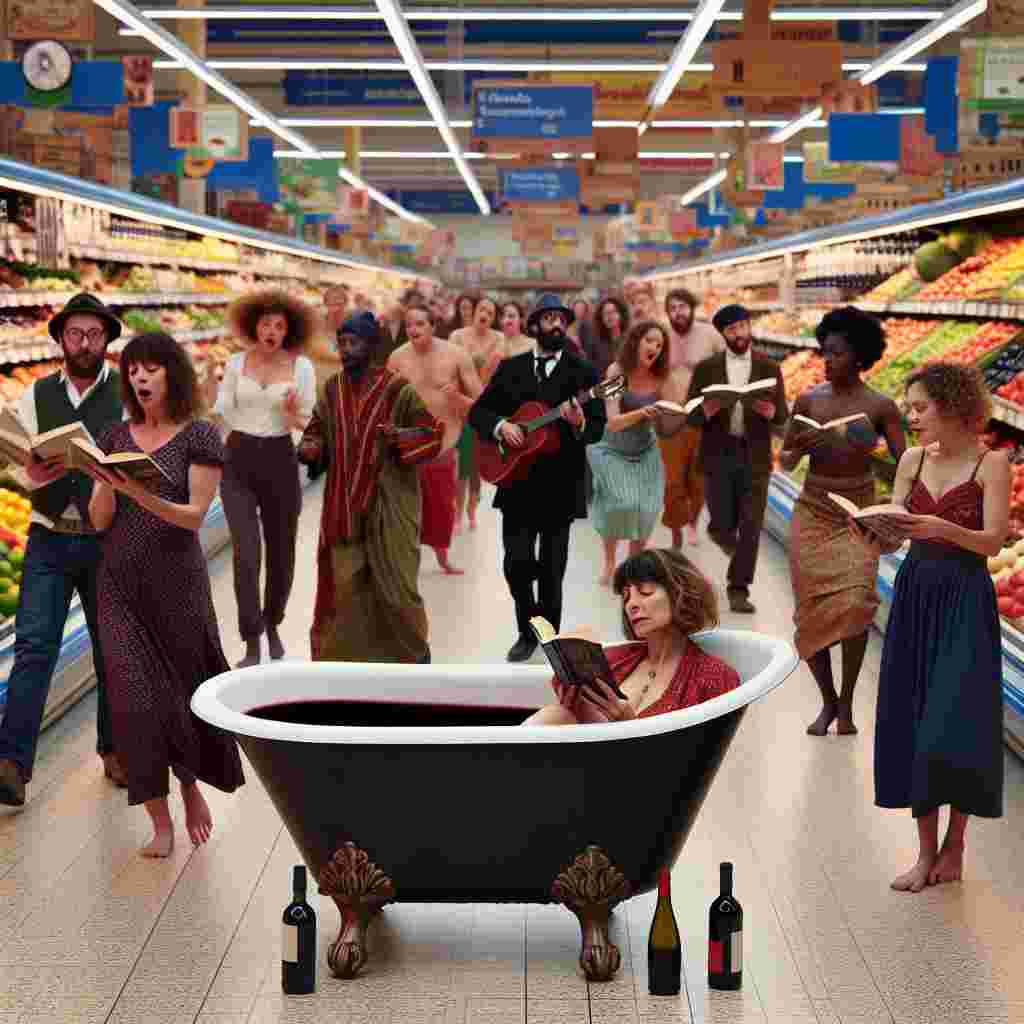 In the middle of a hectic generic supermarket, an unusual scene catches the attention of shoppers. A vintage-style bathtub filled with rich, deep red wine is the resting place of a relaxed Caucasian woman engrossed in a novel. Around her, an impromptu musical performance unfolds; performers, varied in gender and descent including Hispanic, Middle-Eastern, Black, South Asian and more, sing and dance between the aisles in a choreographed routine amidst the ordinary backdrop of fruits, vegetables, and goods. The air carries a blend of usual supermarket scents and pleasant festive tones, conjuring a surreal tribute to the spirit of a generic mother's celebration day - indulgence, retreat, and delight in the unexpected.
Generated with these themes: a woman having a bath made of red wine in the middle of tesco supermarket, reading a book with a musical happening around her.
Made with ❤️ by AI.