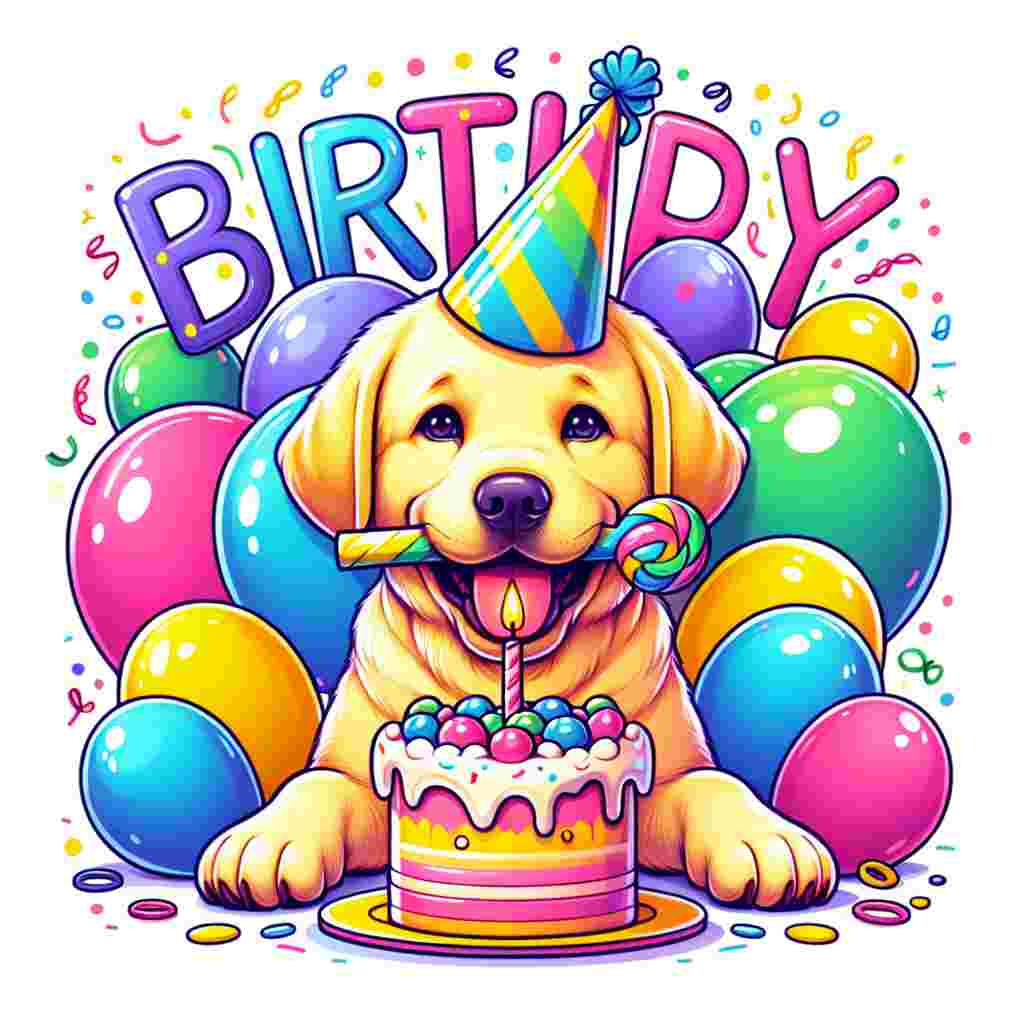 A charming illustration showcases a joyful yellow Labrador Retriever wearing a party hat, surrounded by colorful balloons and confetti. The friendly dog holds a birthday cake in its mouth, with the greeting 'Happy Birthday' written in playful letters above.
Generated with these themes: Labrador Retriever  .
Made with ❤️ by AI.