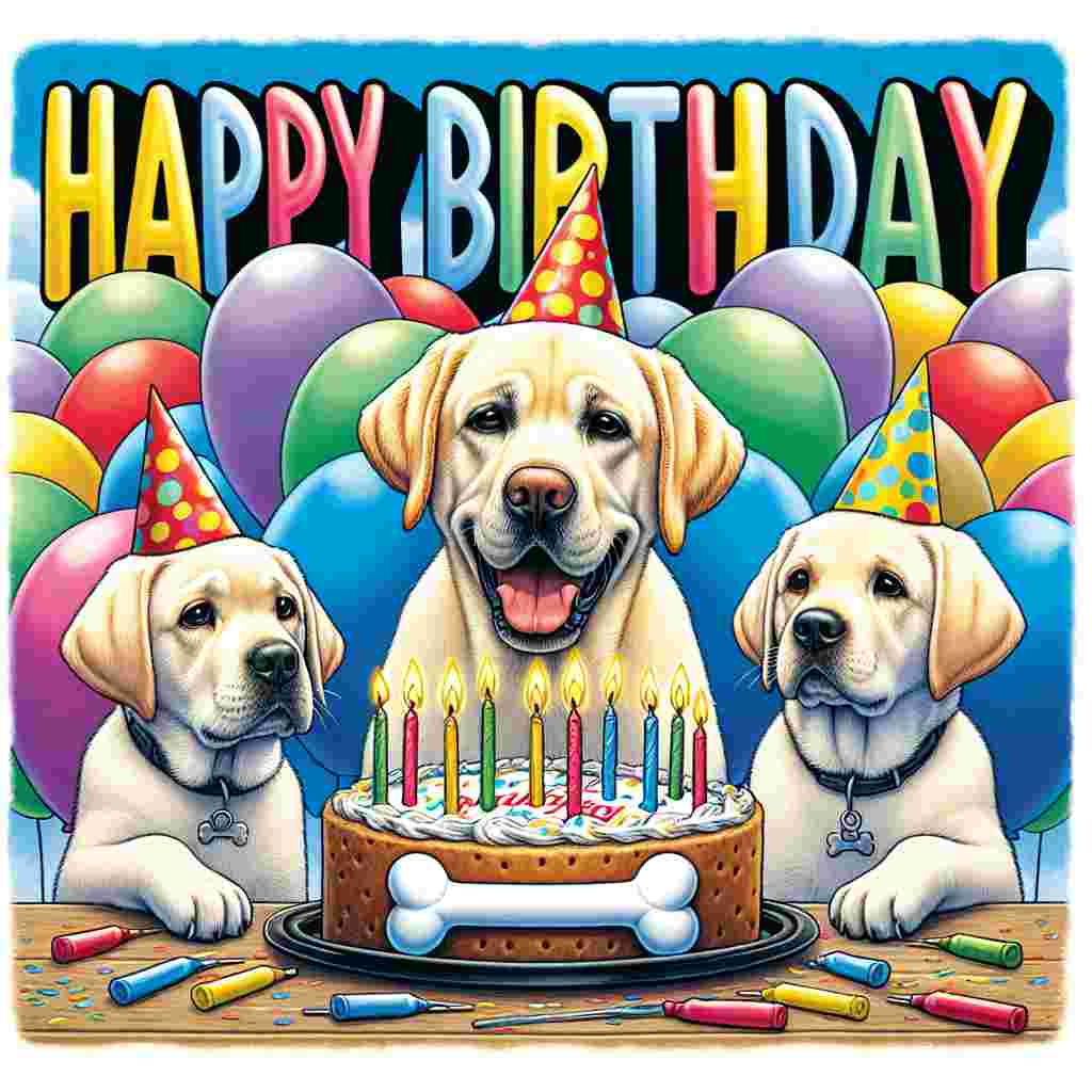 This delightful illustration features a trio of Labrador Retrievers, each donning a festive party hat, with the eldest blowing out candles on a bone-shaped birthday cake. 'Happy Birthday' is inscribed in bold lettering, complemented by a pastel balloon-filled background.
Generated with these themes: Labrador Retriever  .
Made with ❤️ by AI.