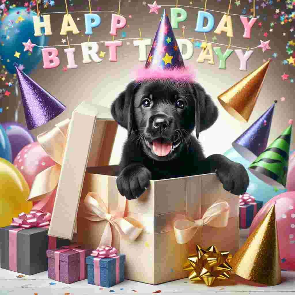 A cute black Labrador Retriever puppy appears amidst a flurry of colorful birthday hats, popping out of a large decorated gift box. The scene is completed with the phrase 'Happy Birthday' festooned with ribbons and stars, capturing the essence of a surprise party.
Generated with these themes: Labrador Retriever  .
Made with ❤️ by AI.