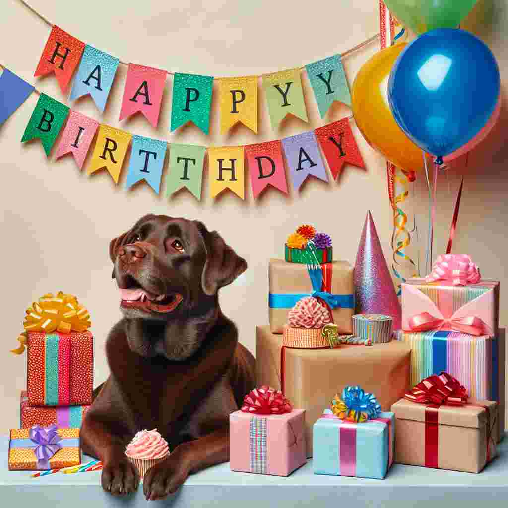 In a heartwarming birthday scene, a chocolate Labrador Retriever sits beside a mountain of wrapped gifts, a cheerful 'Happy Birthday' banner draped overhead. The pup's tail wags in excitement against a backdrop of streamers and party decorations.
Generated with these themes: Labrador Retriever  .
Made with ❤️ by AI.
