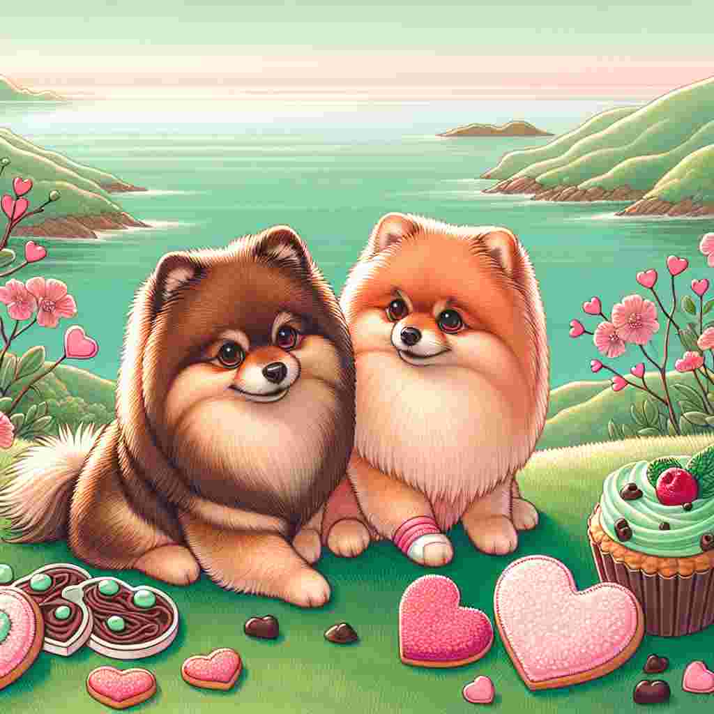 Create a charming Valentine's Day illustration featuring a pair of Pomeranian dogs. Have them sitting atop rolling green hills, set against the backdrop of a serene coastal scene. The dogs are gazing lovingly into each other's eyes while surrounded by treats shaped like hearts, colored to resemble mint chocolate chip desserts. One of the Pomeranians should have a small pink bandage on its paw, subtly hinting at its playful and feisty side, completing their adorable look.
Generated with these themes: Pomeranian, Dogs, Rolling hills, Coast, Heart shaped food, Fight club, and Mint choc chip.
Made with ❤️ by AI.