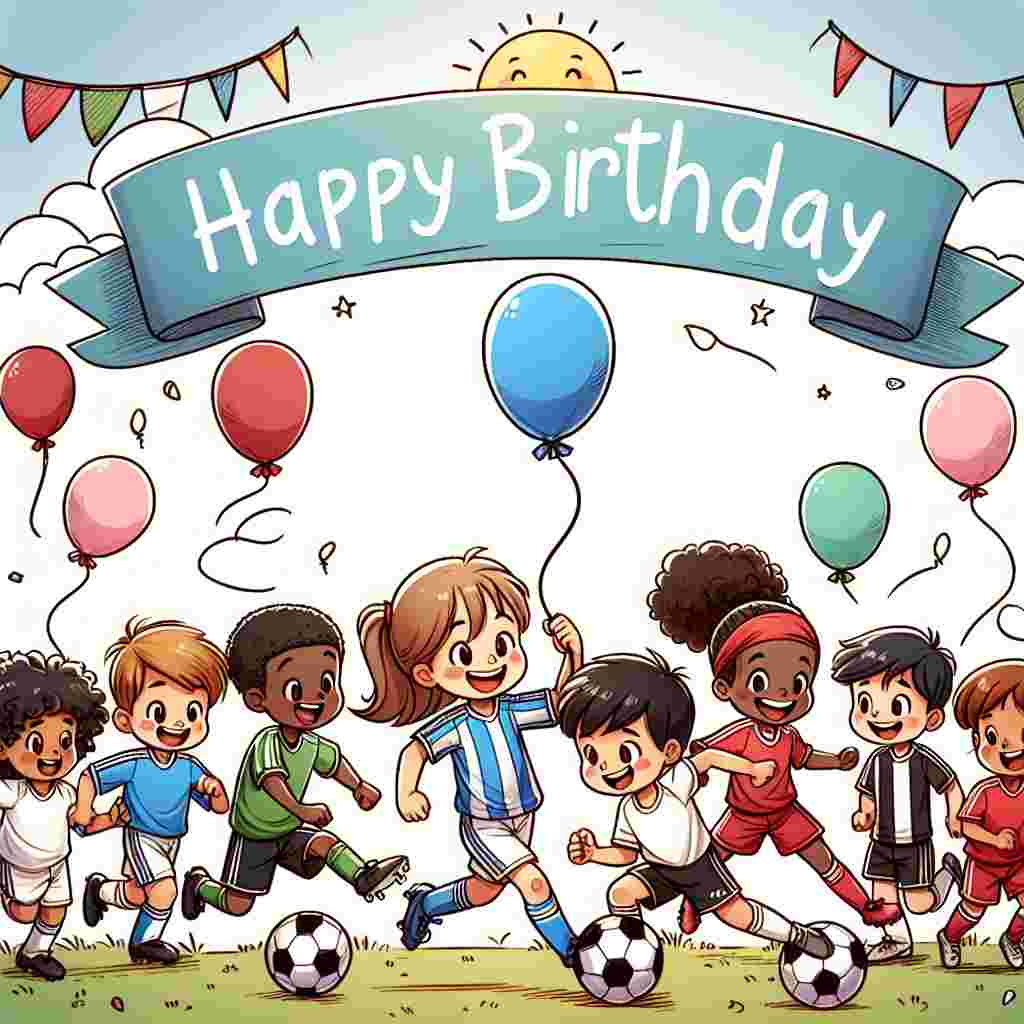 A sweet and playful birthday design featuring a group of cartoon children in football uniforms, each with a balloon tied to their wrist, playing a fun match. At the top of the illustration, 'Happy Birthday' is scripted in a banner held aloft by a smiling sun.
Generated with these themes: football  .
Made with ❤️ by AI.