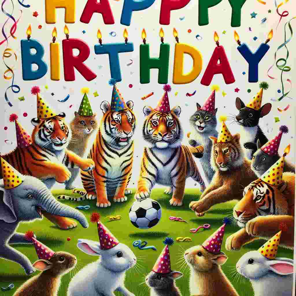 A charming birthday card showcasing a group of animal characters playing football in party hats. The words 'Happy Birthday' are prominently displayed above the scene in cheerful, bold letters, complementing the playful and festive atmosphere of the illustration.
Generated with these themes: football  .
Made with ❤️ by AI.