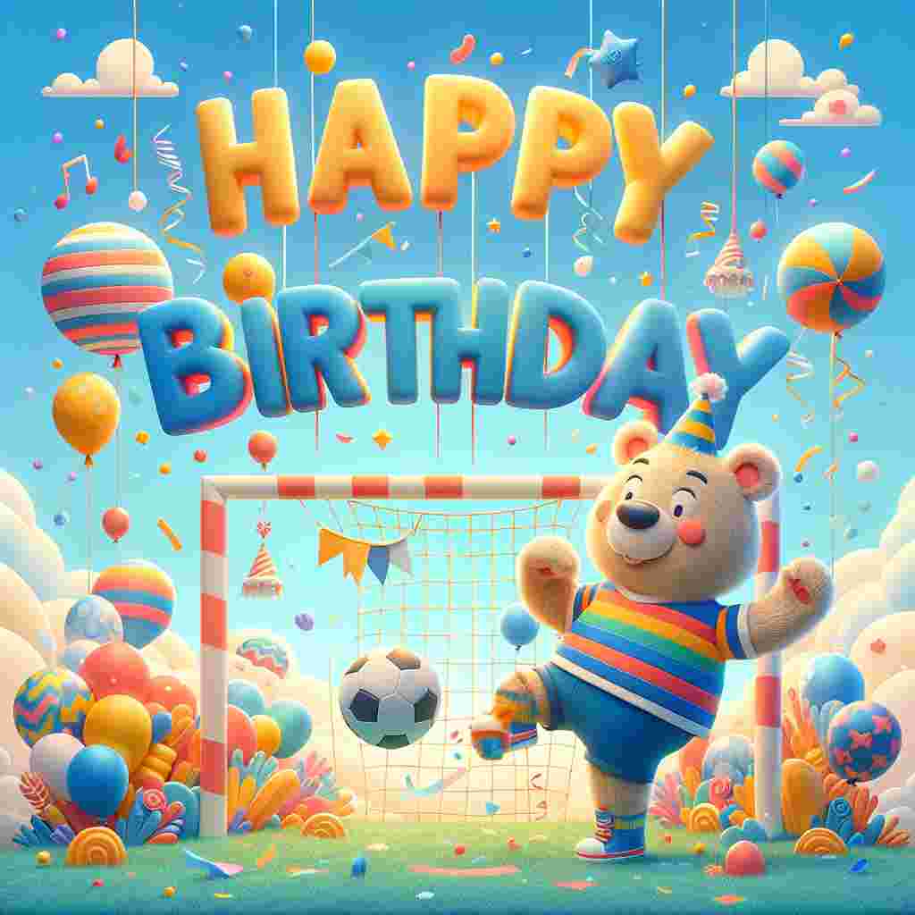 A delightful birthday scene filled with vibrant colors depicts a cute bear wearing a striped jersey, gleefully kicking a football towards a goal post. Decorative balloons and confetti surround the area, with the greeting 'Happy Birthday' written in a whimsical font hovering in the sky.
Generated with these themes: football  .
Made with ❤️ by AI.