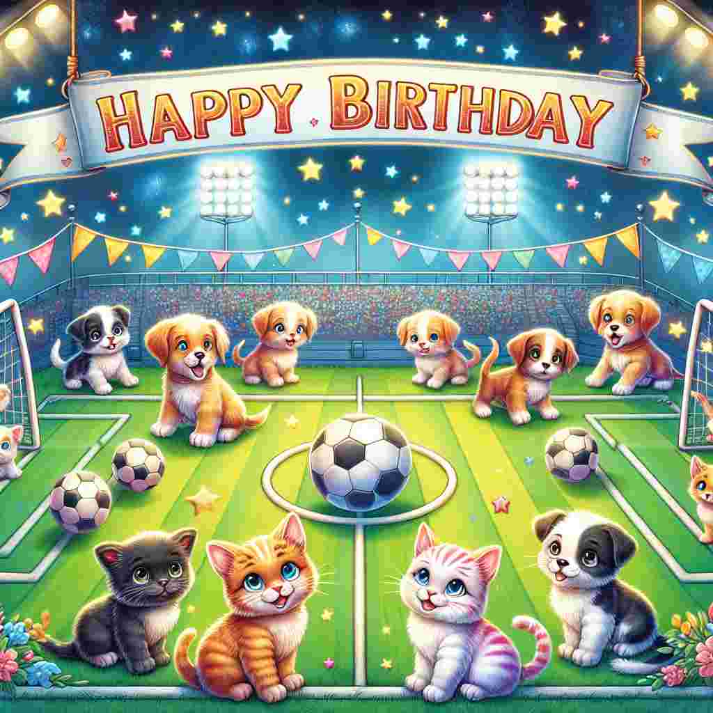 An adorable illustration where a whimsical football field serves as a party venue, where kittens and puppies are engaged in a friendly football match. Overhead, a banner flutters with the message 'Happy Birthday', adding a warm and personal touch to the celebratory design.
Generated with these themes: football  .
Made with ❤️ by AI.