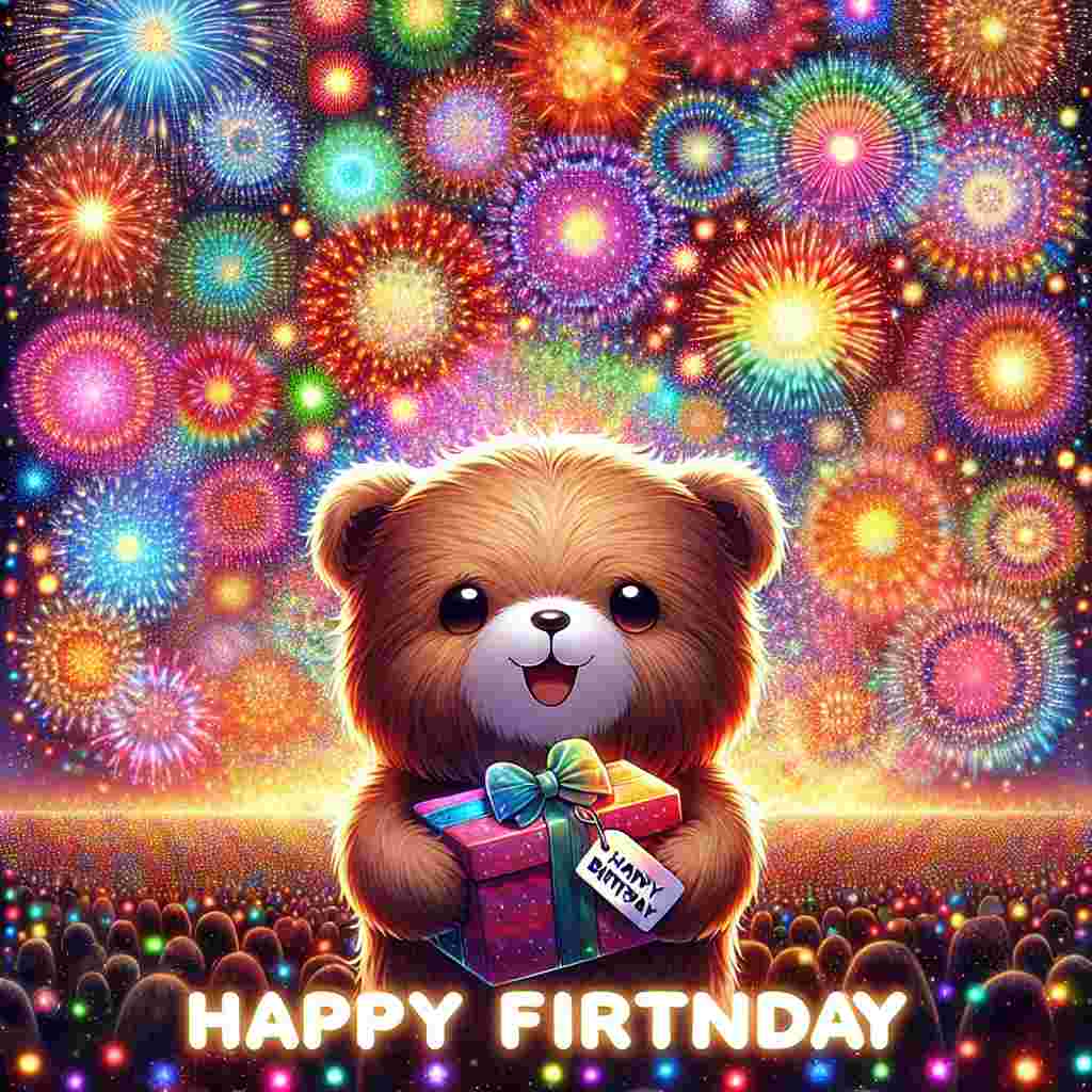 An adorable illustration of a cuddly bear presenting a gift with a tag that reads 'Happy Fiance.' The background bursts with colorful fireworks and the phrase 'Happy Birthday' prominently glowing amidst the display.
Generated with these themes: happy  fiance.
Made with ❤️ by AI.