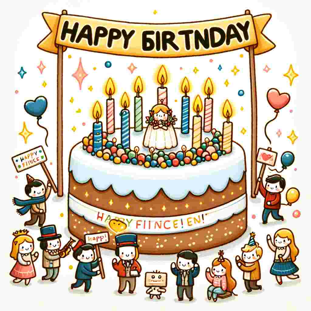 A cute illustration of a festive cake with candles, topped with a miniature banner that spells out 'Happy Fiance.' Around the cake, tiny characters hold signs and instruments, with 'Happy Birthday' cheerfully written above the scene.
Generated with these themes: happy  fiance.
Made with ❤️ by AI.