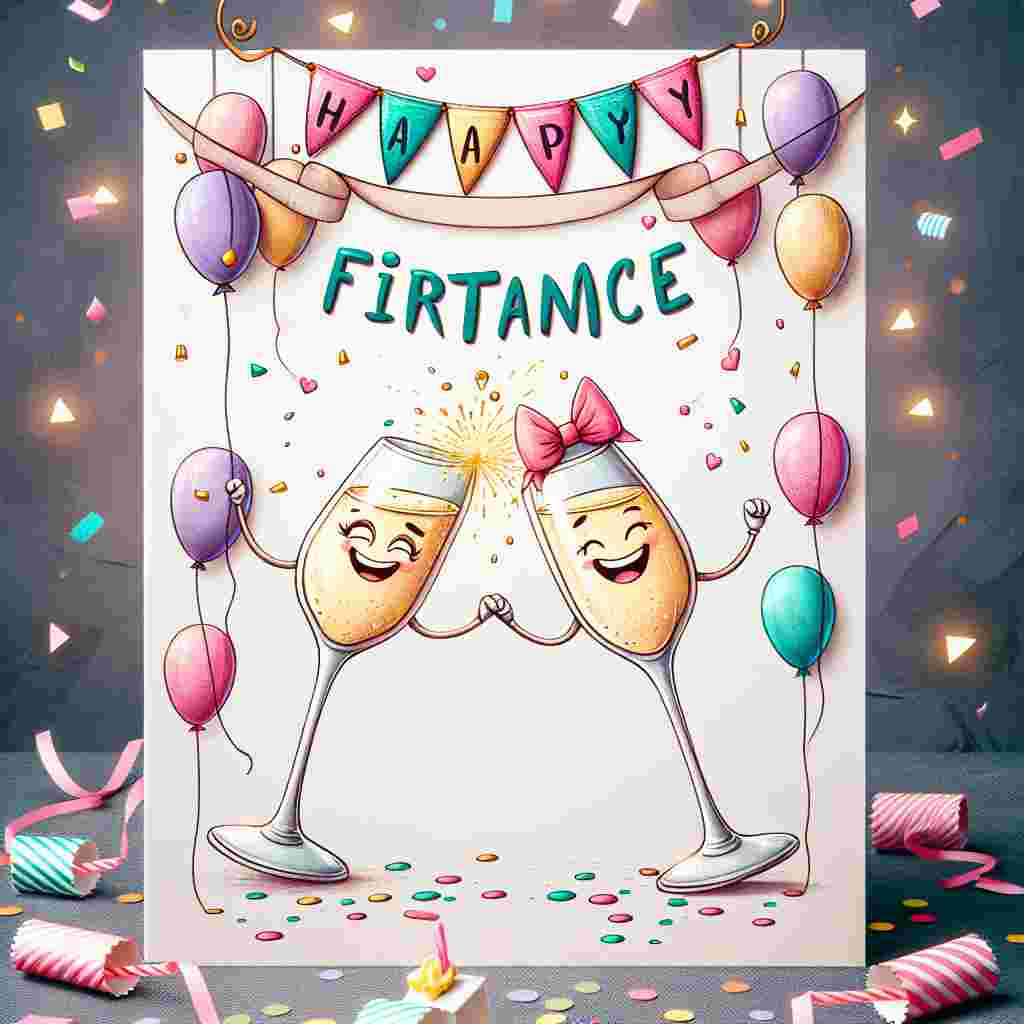 A whimsical card featuring a pair of animated champagne glasses clinking, above them, a banner with the words 'Happy Fiance.' Surrounding the scene are confetti and balloons. 'Happy Birthday' text is festively inscribed in the center.
Generated with these themes: happy  fiance.
Made with ❤️ by AI.