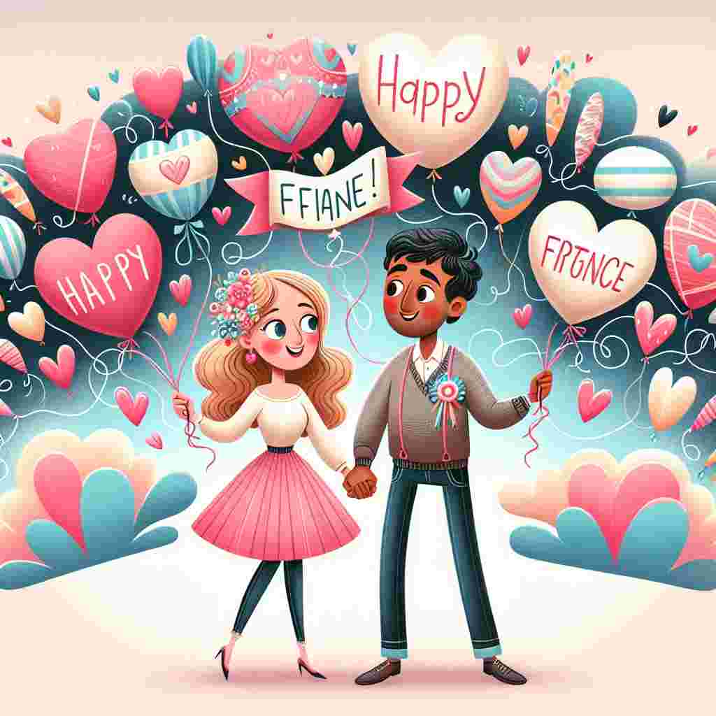 A charming scene depicting a cartoon couple holding hands with heart balloons floating above them, and a 'Happy Fiance' tag hanging from one of the balloons. In the sky, clouds form the words 'Happy Birthday' to complete the celebratory atmosphere.
Generated with these themes: happy  fiance.
Made with ❤️ by AI.