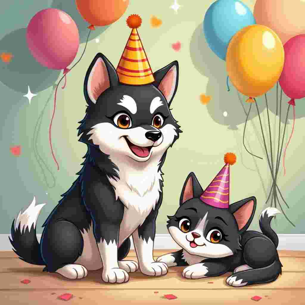 In a charming cartoon birthday scene, an adult Alaskan Klee Kai dog with a black and white coat and brown eyes stands proudly, wearing a festive party hat. Next to the dog, a Maine Coon cat with a similarly patterned black and white coat and brown eyes lounges gracefully, also donning a tiny party hat. Colorful balloons and streamers decorate the background, adding to the celebratory atmosphere.
.
Made with ❤️ by AI.