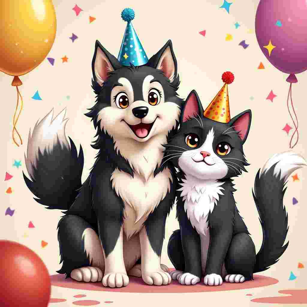 This delightful cartoon birthday scene features an adult Alaskan Klee Kai dog with a black and white coat and warm brown eyes, happily wagging its tail. Beside the dog, a regal Maine Coon cat with a matching black and white coat and piercing brown eyes sits elegantly, both animals adorned with cute party hats. The setting is brightened by vibrant balloons and cheerful decorations, creating a joyful and festive mood.
.
Made with ❤️ by AI.