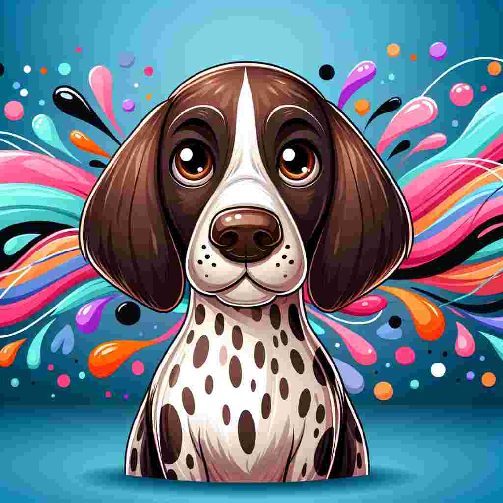 In a whimsical, undefined cartoon world, the center of attraction is a charming adult German Shorthaired Pointer. The dog boasts a distinctive pattern of black and white speckles on its coat, offering a delightful contrast against the dynamic and colourful background. With gentle, rich brown eyes, its standard build is beautifully portrayed in this adorable and vibrant cartoon illustration.
.
Made with ❤️ by AI.