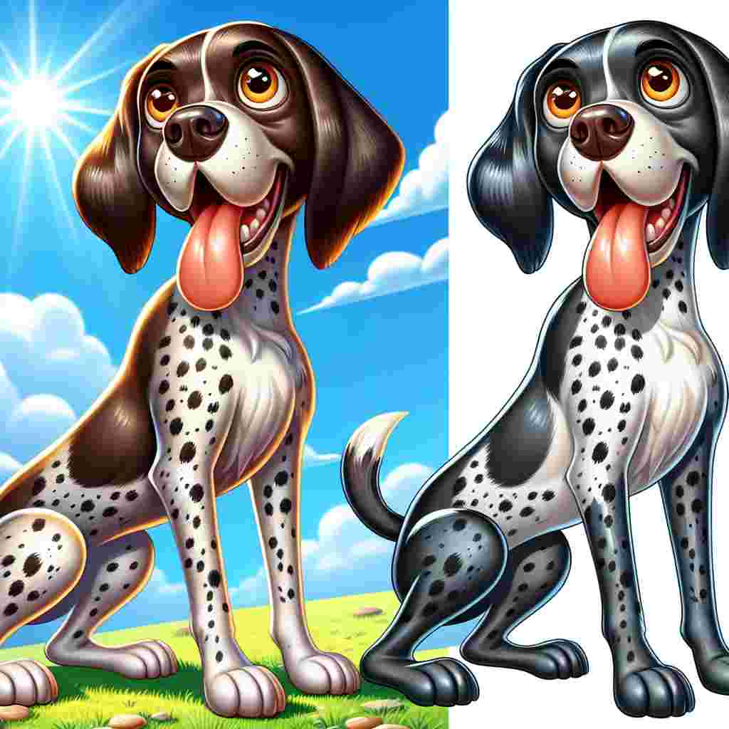 Illustrate a joyous cartoon scene that unfolds featuring an adult German Shorthaired Pointer dog. The dog possesses a black and white speckled coat that sparkles under the sun's brilliant rays, and its friendly brown eyes exude warmth. The realistic build of the dog and its posed stance bring in a balance between realism and playfulness to the whimsical style of the cartoon. The overall scene beckons viewers into a peaceful, playful world.
.
Made with ❤️ by AI.