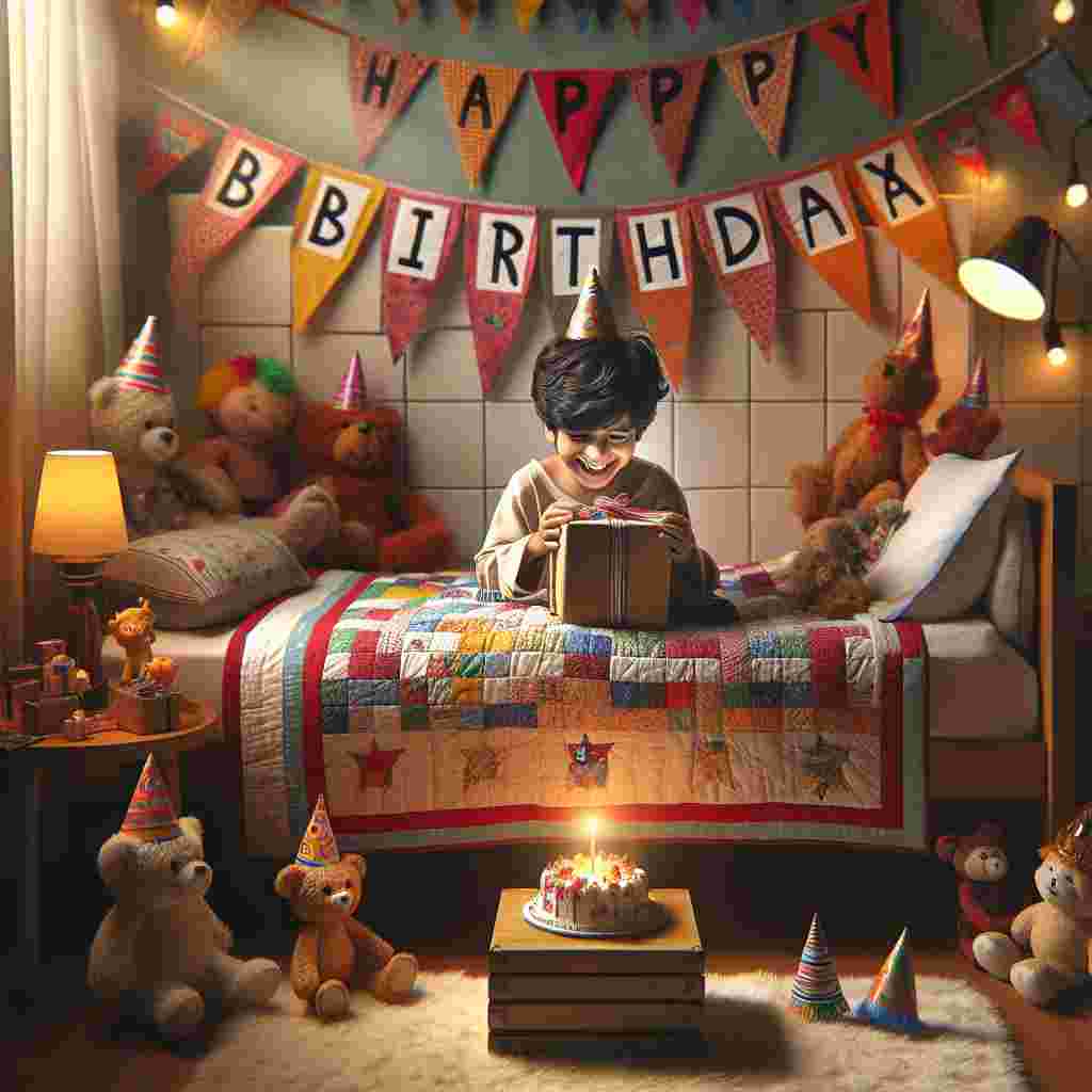 A whimsical illustration set in a cozy bedroom filled with decorations. The son is joyfully unwrapping a present on a bed adorned with a quilt that reads 'Happy Birthday'. Around him, a bunting of flags and several plush toys wearing birthday hats create a festive atmosphere. On a nightstand beside him, a tiny cake with a single glowing candle offers a soft, warm glow that highlights the scene.
Generated with these themes: son  .
Made with ❤️ by AI.
