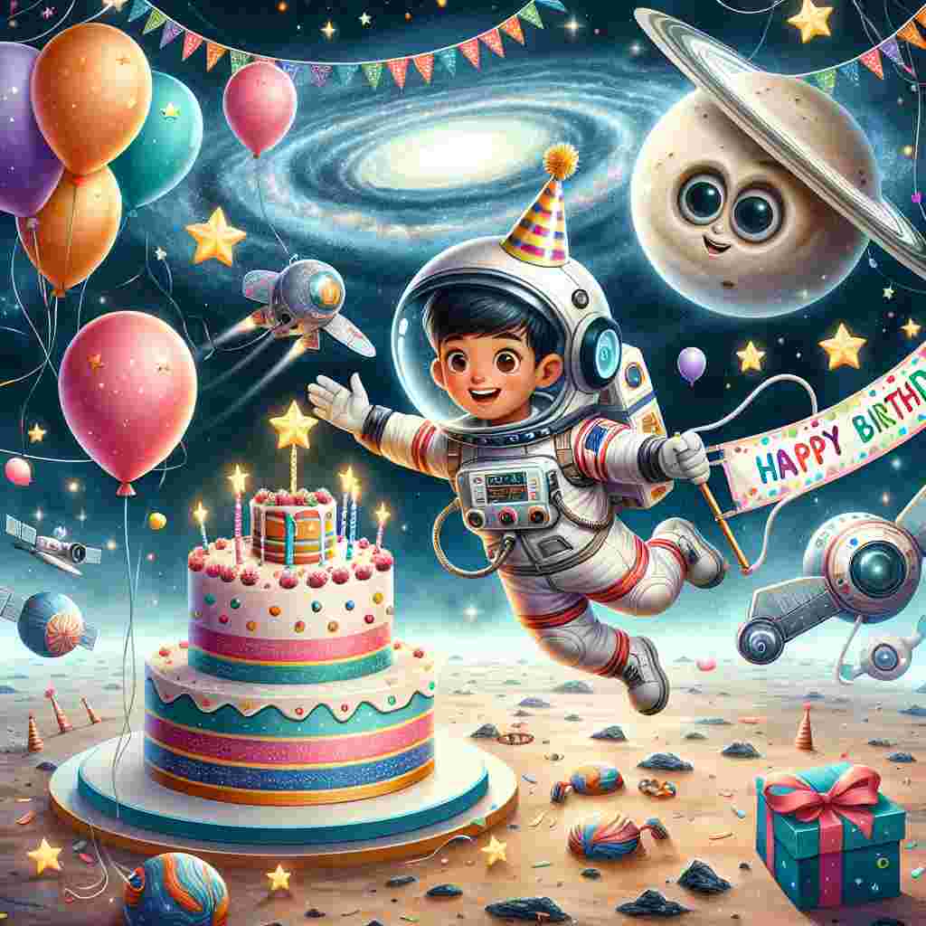 A dreamy outer space illustration with the son astronaut floating amid star-shaped balloons and planets with party hats. A banner with 'Happy Birthday' trails behind a friendly alien’s spaceship in the background. The son is reaching for a satellite that's shaped like a birthday present, with a cosmic cake orbiting nearby, all set against a glittering galaxy backdrop.
Generated with these themes: son  .
Made with ❤️ by AI.