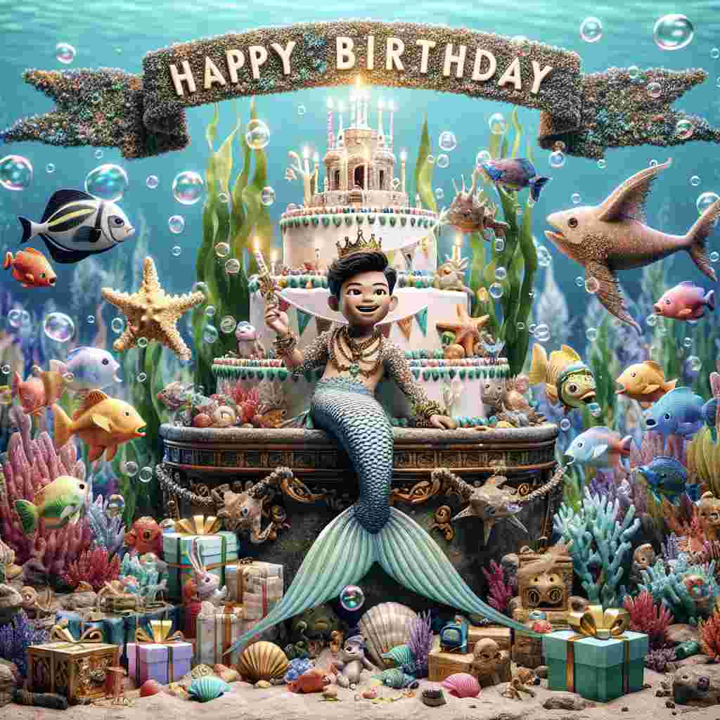 An underwater scene featuring cheerful sea creatures gathered around the son, a young merboy, who's sitting on a coral throne. A banner of seaweed and shells spells out 'Happy Birthday' above them. Fish with party hats and bubbles form a festive and cute ambiance, while a treasure chest overflowing with gifts and a sandcastle cake with starfish decorations complete the celebration.
Generated with these themes: son  .
Made with ❤️ by AI.