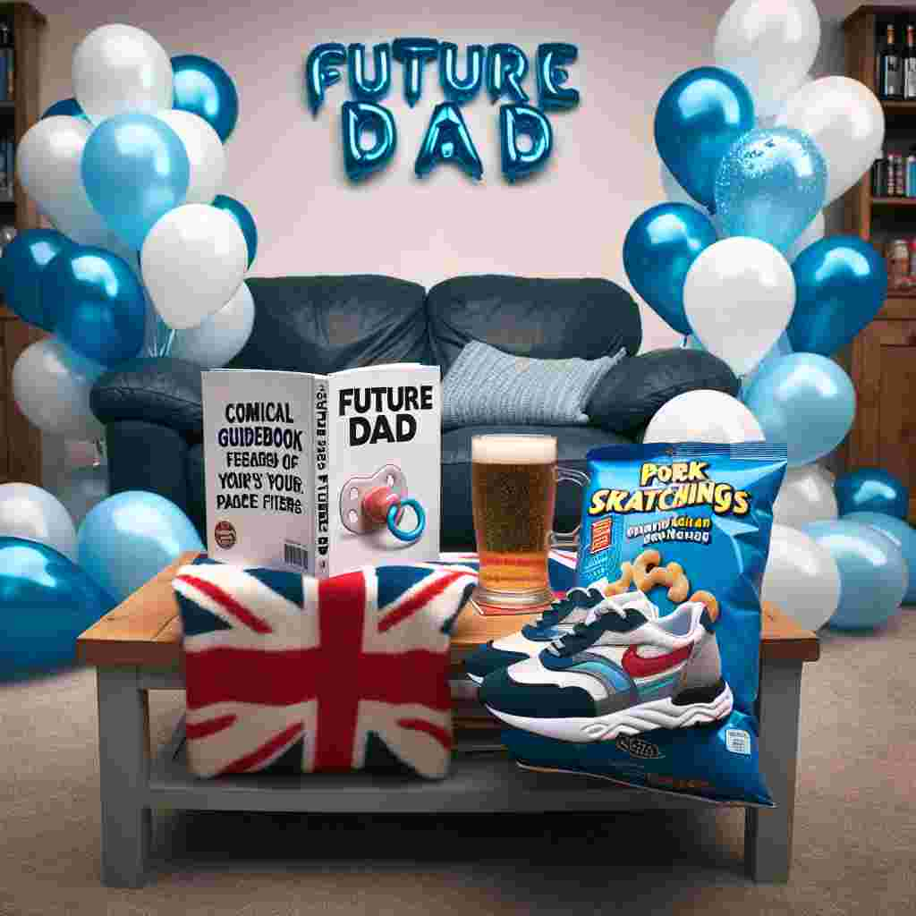 Imagine a festive living room adorned with blue and white balloons, some featuring playful 'Future Dad' text alongside images of pacifiers. At the center sits a coffee table, on which you'll see a comical guidebook for new fathers serving as a coaster for a frosty mug and an open bag of pork scratchings ready to be indulged in. Suggesting a symbol of impending fatherhood, a vibrant pair of generic brand trainers lean against the sofa, signifying someone's soon-to-be jovial journey into parenting.
Generated with these themes: Father to be , Pork scratchings , and Sketcher trainers.
Made with ❤️ by AI.