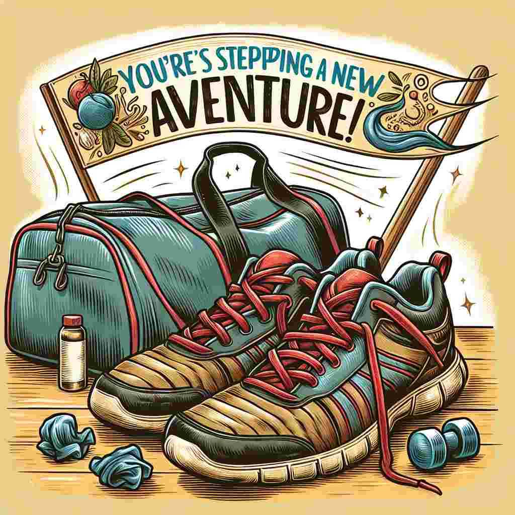 Create an image capturing a charming scene with a pair of heavily used gym shoes that have been illustrated to look like they're smiling. They are placed next to an open gym bag. There is a farewell banner with gym-related decorations waving in the wind above the scene featuring a lighthearted, joyful message that reads 'You're stepping towards a new adventure!' The overall colors are warm and dynamic lines, contributing to a cheerful yet nostalgic atmosphere as it appears to symbolize bidding farewell on good terms.
Generated with these themes: Shoes, and Gym.
Made with ❤️ by AI.