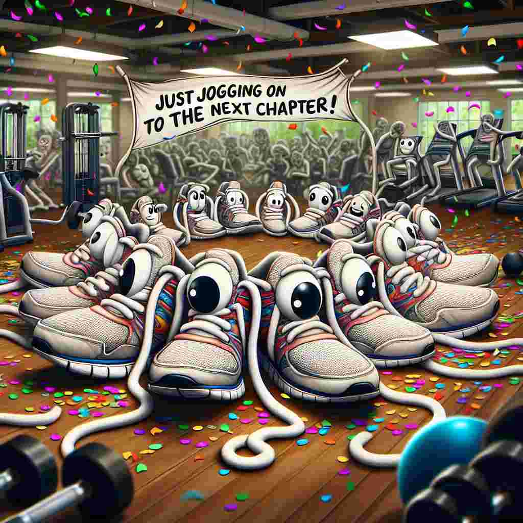 Picture a whimsical gym setting filled with anthropomorphic gym shoes. Their laces are magically intertwined so as to form a heart shape, celebrating the phrase 'Just jogging on to the next chapter!'. The background is a lively scene full of gym equipment like treadmills, weight racks, and exercise balls. Mixed in with this are multicolored pieces of farewell confetti, instilling a sense of affection and festivity. It's as though the gym itself is cheerfully bidding someone adieu and wishing them well on their next adventure.
Generated with these themes: Shoes, and Gym.
Made with ❤️ by AI.