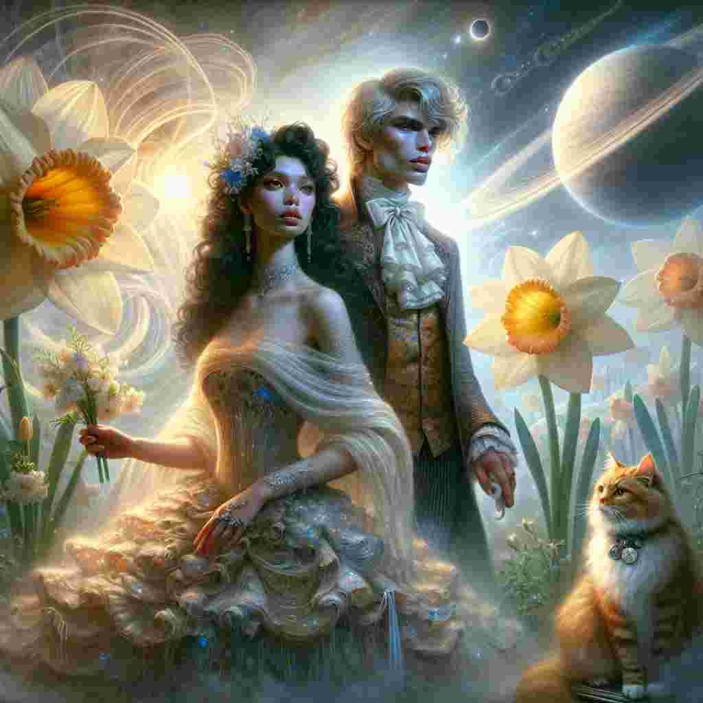 Enter a mysterious extraterrestrial wedding environment. The bride is of South Asian descent, with tumbling dark curls and a dress woven from strands of celestial light. Her partner, a groom of Middle Eastern descent, has blonde hair fluttering in the figment of a draft. They are encased in an aura of mystical charm. Colossal daffodils softly illuminate the scene, their delicate petals mirroring the peculiar unity of a sun and a moon inhabiting the same dreamlike sky. A dignified ginger and white cat, adorned with a ribbon collar, is present, its gaze directed outside the scene, infusing a dash of capriciousness to the matrimonial phantasm.
Generated with these themes: Dark curly haired Bride , Blonde long haired Groom , Daffodil , Sun , Moon, Ginger and white cat , and Wedding .
Made with ❤️ by AI.