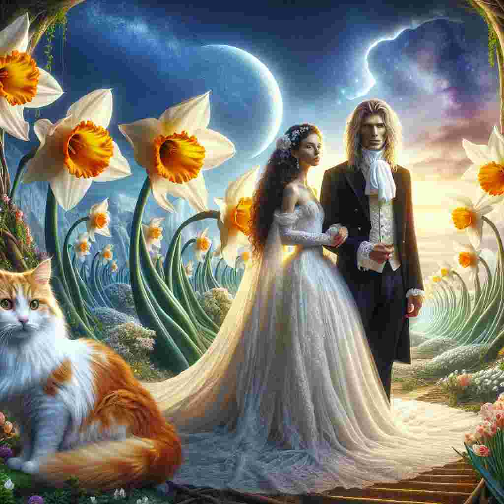 Imagine an otherworldly wedding scene. An ethereal bride of Middle-Eastern descent, with her dark curly hair, stands mystically alongside her Caucasian groom, distinguished by his long, blonde hair. The backdrop is a boundary-defying vista of gargantuan daffodils curving above them, their petals softly illuminated by the combined glow from a shining sun and a radiant moon lingering together in the multicoloured canvas of the sky. A ginger and white feline companion, its eyes full of wisdom, surveys the scene at their feet, playing the role of the protector of this dream-like unity.
Generated with these themes: Dark curly haired Bride , Blonde long haired Groom , Daffodil , Sun , Moon, Ginger and white cat , and Wedding .
Made with ❤️ by AI.