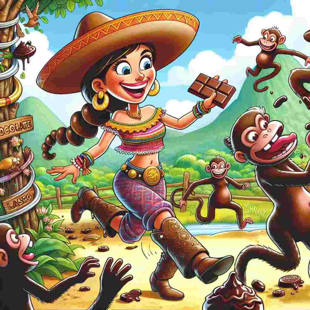 A cartoon scene is set in a vibrant Thai landscape, dotted with interesting chocolate sculptures. The star of the scene is a jovial cowgirl of Hispanic descent who is participating in a playful 'chocolate lasso' contest with the local wildlife. She is wearing traditional Thai accessories that blend with her cowgirl attire, creating a unique fusion of rustic and exotic. She's caught up in a humorous situation as the local mischievous monkeys, distinctive in their visual representation, steal chocolates from the contest. This lighthearted scenario turns into a fun-filled chocolate chase.
Generated with these themes: Chocolate , Cowgirl , and Thailand .
Made with ❤️ by AI.