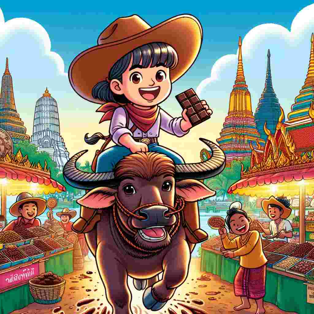 In honor of a special occasion, a delightful cartoon exhibits a chocolate-centered celebration amid the vibrant landscape of Thailand. At the heart of the lively action is a jovial cowgirl of Hispanic descent, a chocolate bar firmly gripped, astride a lively illustrated water buffalo. The background is abundant with iconic Thai cultural emblems, vivid market stands pushing a variety of cacao treats, and the cartoon entities exude happiness, establishing a comical link between the Old West ambient and the allure of Southeast Asia.
Generated with these themes: Chocolate , Cowgirl , and Thailand .
Made with ❤️ by AI.