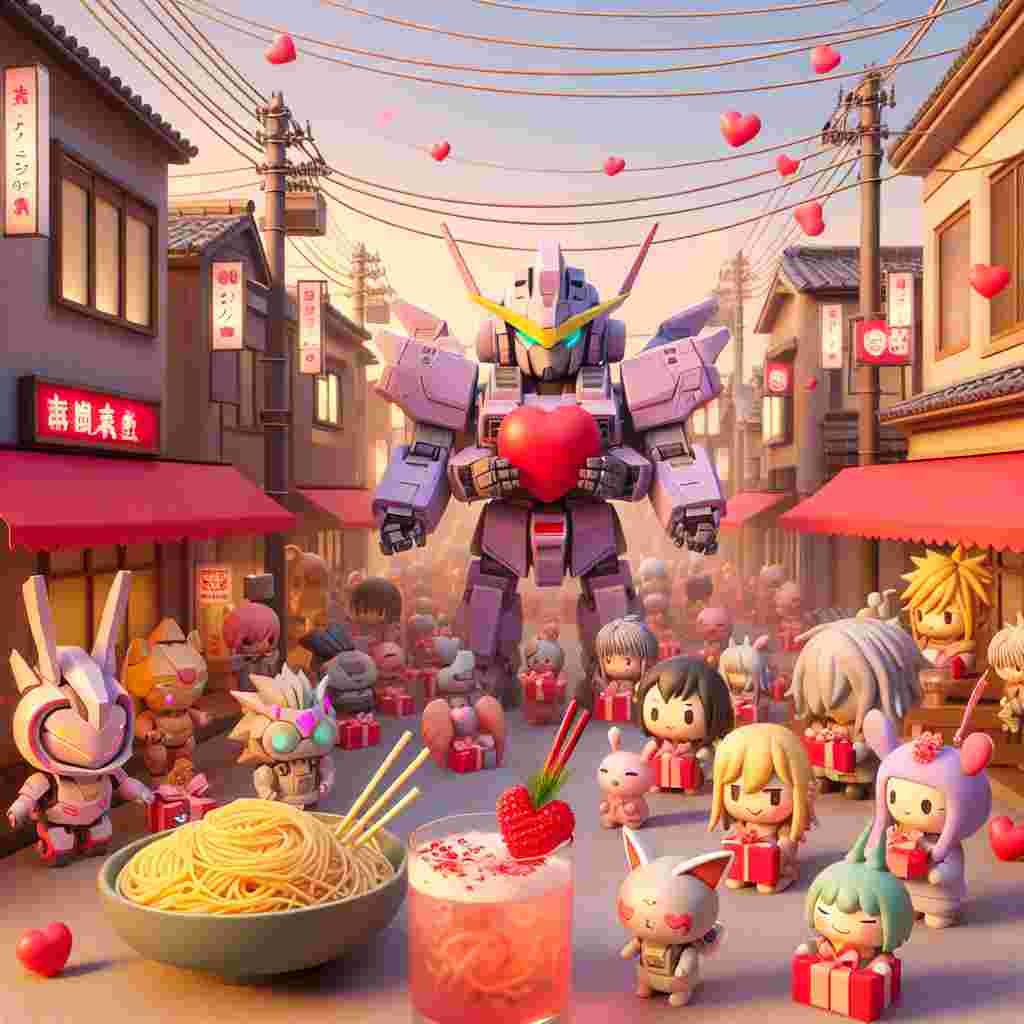 Imagine a lighthearted, caricature-style version of a Japanese street during a Valentine's Day celebration. The setting features adorable, petite robots inspired by futuristic mech series, sharing heart-shaped presents with creatures from a mythical creature training game series. The scene is adorned with strands of spaghetti and miniature mixed drinks with pink hearts as decoration, blending affection, animated styles, and cultural elements into a harmony that marks the occasion.
Generated with these themes: Gundam wing, Monster rancher , Japan, Pasta, and Cosmopolitan cocktail .
Made with ❤️ by AI.