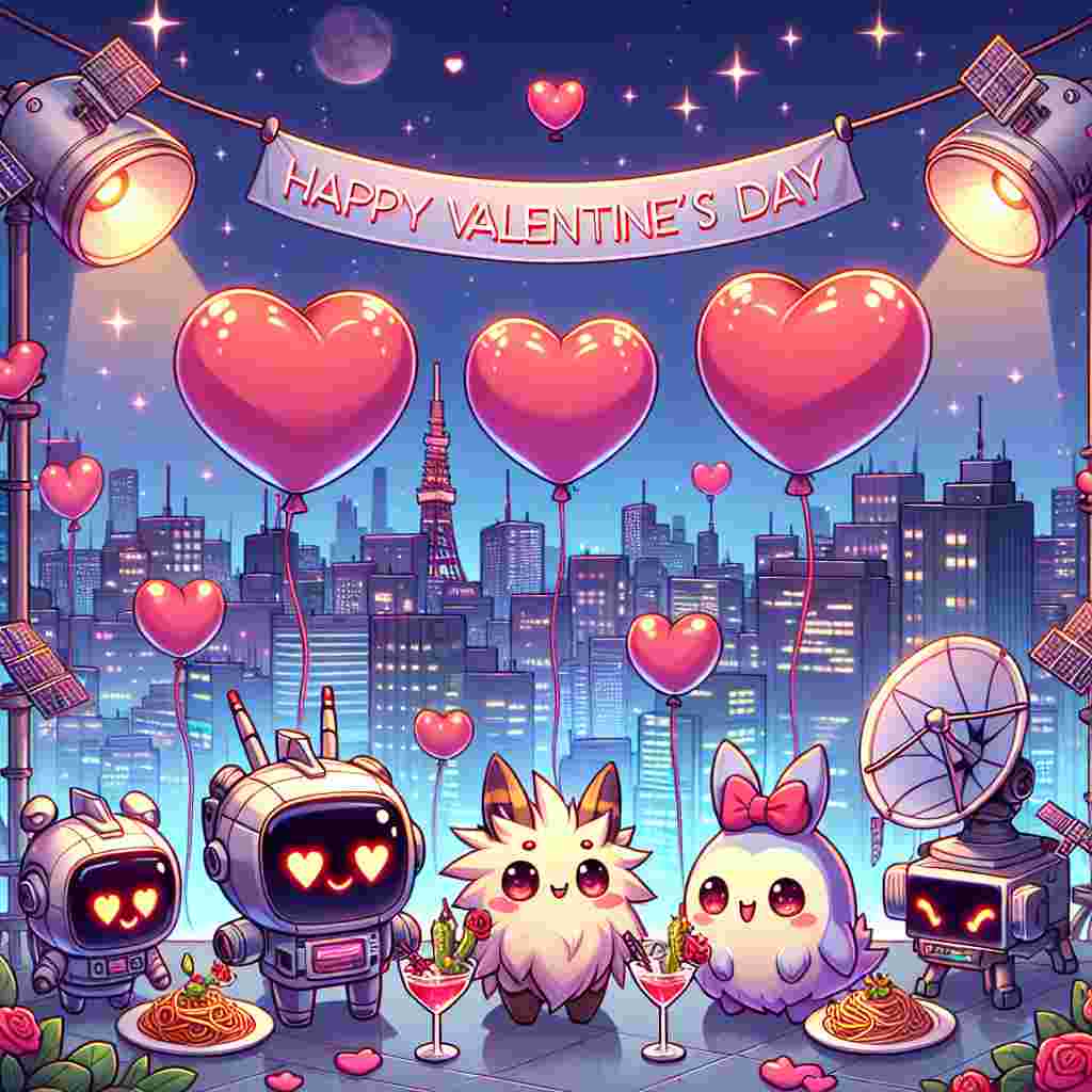 A heartwarming skyline of Tokyo, filled with night lights and towering buildings, encases the scene for this Valentine's Day themed cartoon. Amidst this backdrop, adorable chibi versions of satellite-braced robots stand alongside heart-shaped docile fantasy creatures that resemble monsters. Floating all around them are balloons in the shapes of classic pasta varieties, amidst the soft clinking of stylish cosmopolitan cocktail glasses. The scene is unified under a fluttering banner that proudly displays 'Happy Valentine's Day' in a vivacious, trendy font.
Generated with these themes: Gundam wing, Monster rancher , Japan, Pasta, and Cosmopolitan cocktail .
Made with ❤️ by AI.