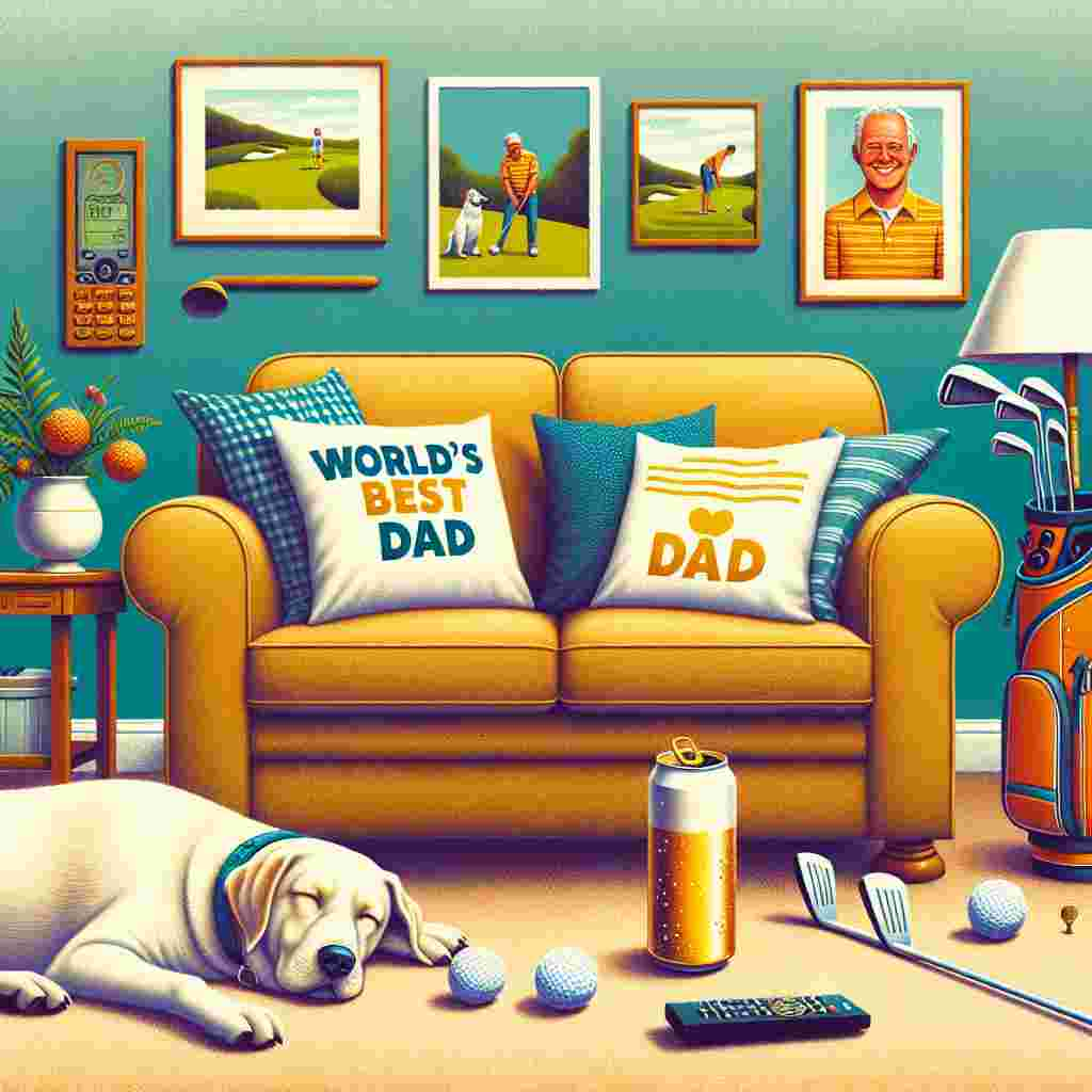 Visualize a homely living room that beautifully represents the spirit of Father's Day without depicting a father. A comfy couch rests at the center, adorned with cushions inscribed with 'World's Best Dad.' Shimmering golf clubs lay leisurely on the sofa's arm, alluding to the absent father's favorite pastime. Beside a television remote control, a partially-empty beer can lightly effervesces. A humorous family portrait is mounted on the wall, showing the missed golf swing of the father, adding a touch of amusement. A dog, exhibiting a mischievous smile, snoozes under the couch, it's rhythmic panting suggesting dream-filled slumber. All these elements paint a vibrant picture of an adored father's typical engagements.
Generated with these themes: Golf, Dad, Snoring, Beer, Sofa, and Farting.
Made with ❤️ by AI.