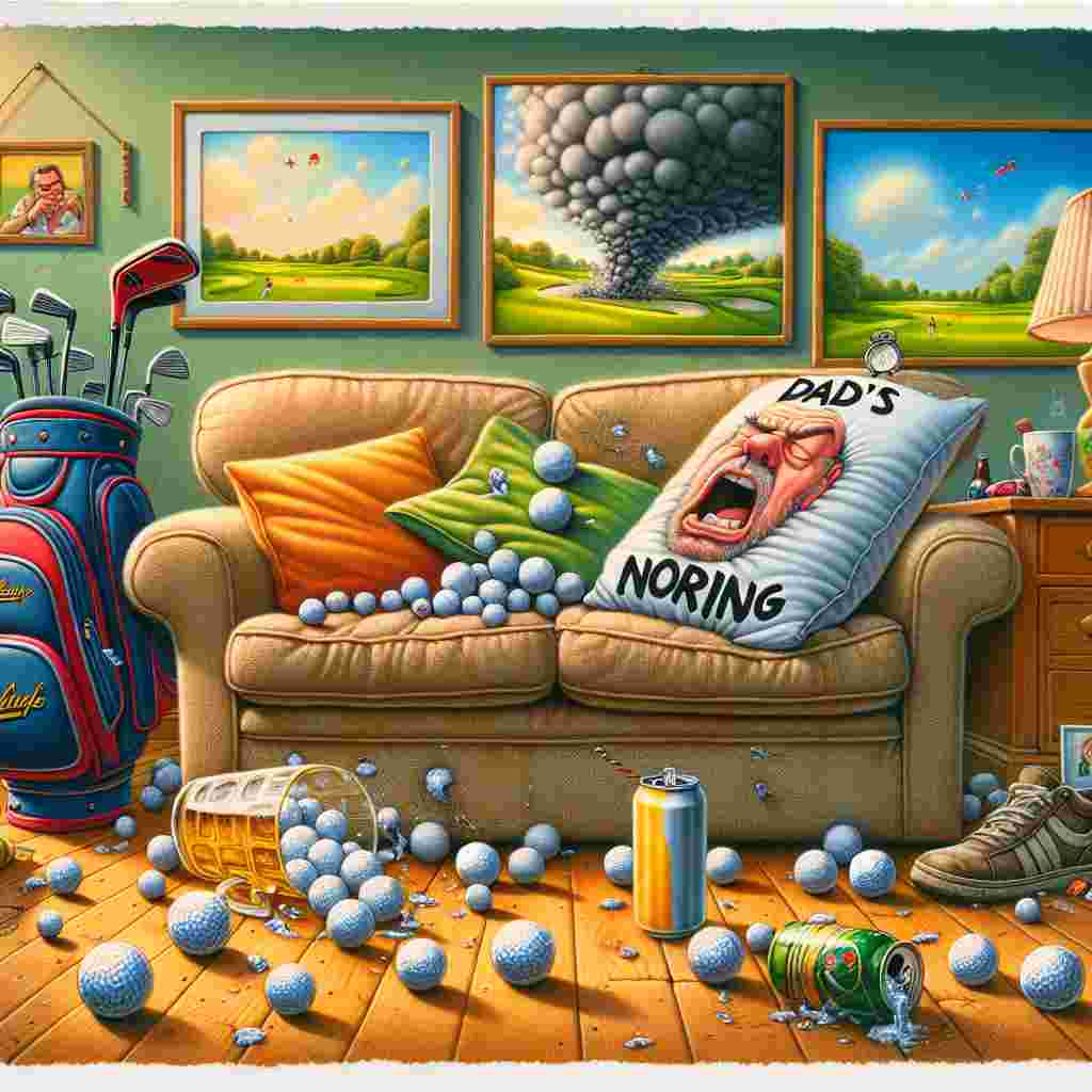 Picture a pleasantly cluttered living room, dedicated to an unseen yet constant paternal influence. In the focus, a worn-out sofa hints at the daily rigors of family life, decorated with a humorously snoring cushion that boldly announces 'Dad's Throne.' Dotted around are numerous golf balls seemingly fleeing from a knocked-over bag, suggesting an unfinished game. A can of frothy beer, encircled by a chorus of musical notes, reflects the cheerful mood of the father's downtime. Bright artwork decorates the wall above; a caricature of a storm cloud ominously ------ yet playfully, threatening gas over a vibrant golf course tableau. Each item in the illustration humorously acknowledges the father's treasured hobbies and quirks during a Father's Day memorial.
Generated with these themes: Golf, Dad, Snoring, Beer, Sofa, and Farting.
Made with ❤️ by AI.