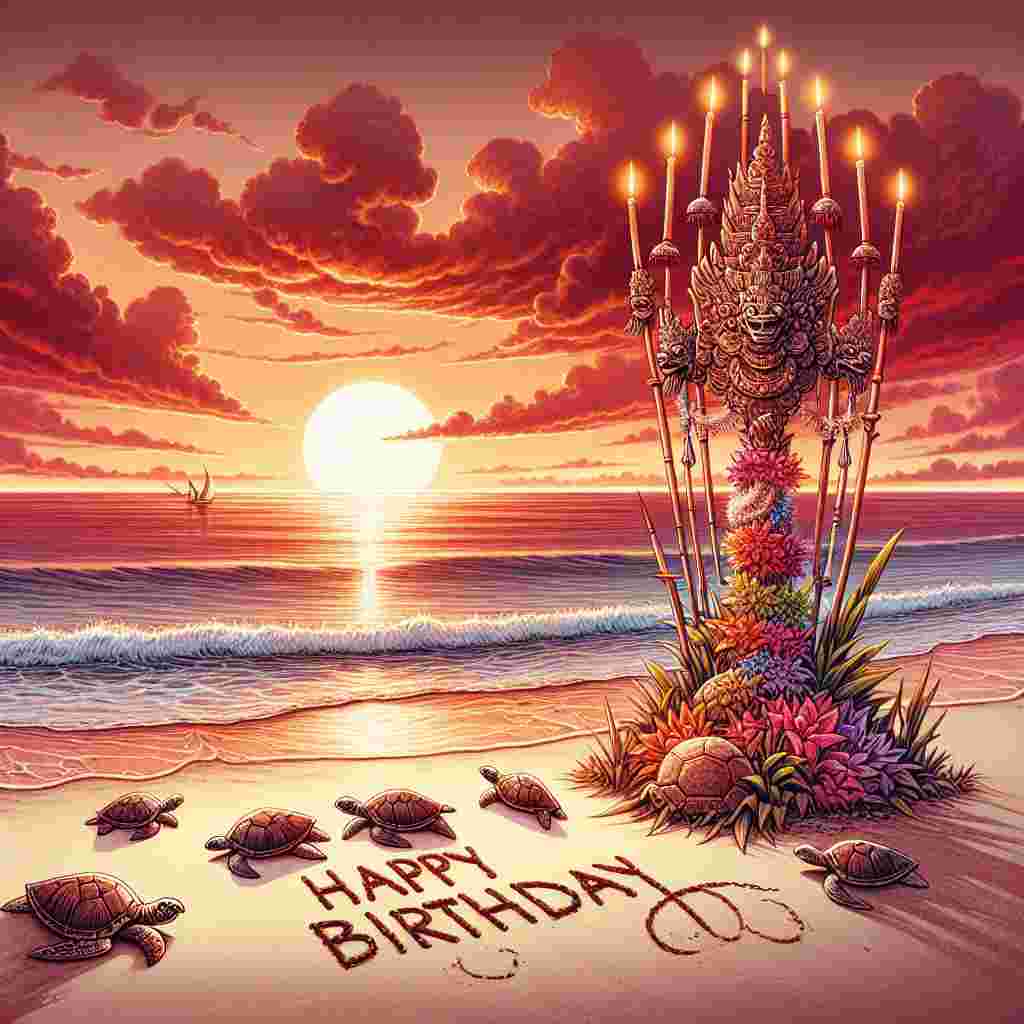 The illustration on the Balinese Birthday Card showcases a serene beach scene with a festive penjor (bamboo pole) decorated with intricate offerings, set against a sunset backdrop. In the sand, 'Happy Birthday' is scribed, with small sea turtles making their way to the ocean—a symbol of long life and good fortune.
Generated with these themes: Balinese Birthday Cards.
Made with ❤️ by AI.