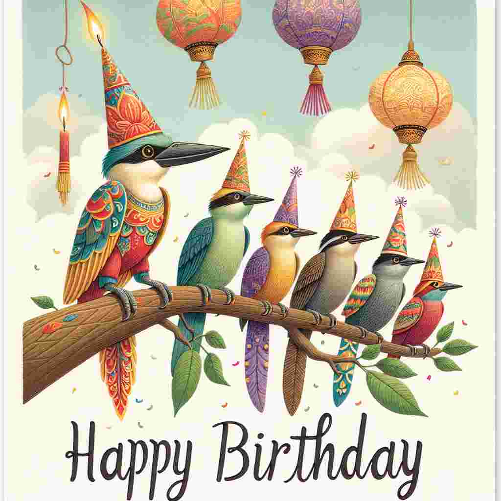 This delightful Balinese Birthday Card depicts a gathering of tropical birds, each donning vibrant, patterned party hats. They perch on a branch that is draped with a traditional Balinese cloth, known as endek, while 'Happy Birthday' radiates in the sky in bold, cultural font surrounded by floating lanterns.
Generated with these themes: Balinese Birthday Cards.
Made with ❤️ by AI.