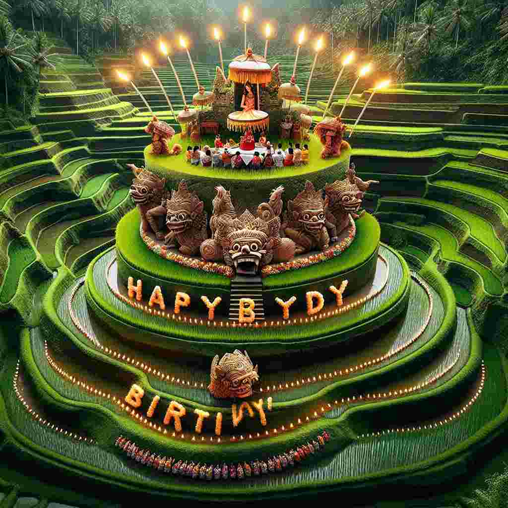 A charming scene on this Balinese Birthday Card features a Barong dance performance with a cake in the center stage, adorned with candles. Lush green rice terraces fill the background, and the text 'Happy Birthday' is nestled within the rice paddies, imitating the flowing terraces.
Generated with these themes: Balinese Birthday Cards.
Made with ❤️ by AI.