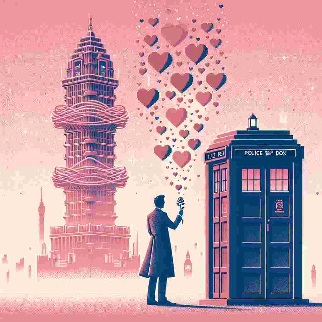 A charming and unusual vector illustration that embodies the spirit of love celebration, featuring an otherworldly backdrop in a tender pink shade. This background embraces the renowned silhouette of a tall, iconic tower inspired by architecture from the early 20th century. Embellishing the tower, a storm of heart-shaped balloons ascend, transforming into pixel-like particles. In the foreground, an antique police box stands as an interesting point of focus, its azure shade contrasting with the environment. A silhouette of an average man in a suit, perhaps a time-traveling enthusiast, clutches a single rose as he leans against the box, his gaze focused on the tower.
Generated with these themes: Doctor Who, Eiffel Tower, and Pink.
Made with ❤️ by AI.