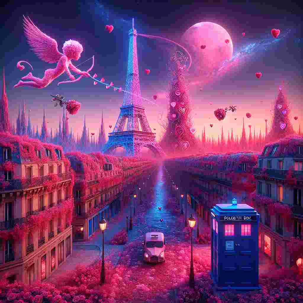 For this surreal, romantic scene inspired by a popular day of love, envision the Parisian skyline transitioning into a dreamlike landscape bathed in tints of pink and lavender. Dominating this captivating sky is the illustrious Eiffel Tower, its intricate framework intertwined with vibrant neon hearts. At street level, an old-fashioned blue British police box faintly glimmers into existence, reminiscent of whimsical otherworldly travels. In the air, mysterious cupid-like figures hover, their robotic forms striking against the backdrop. They gently offer roses as tokens of love to unsuspecting pedestrians under the passionate illumination of a pink moon.
Generated with these themes: Doctor Who, Eiffel Tower, and Pink.
Made with ❤️ by AI.