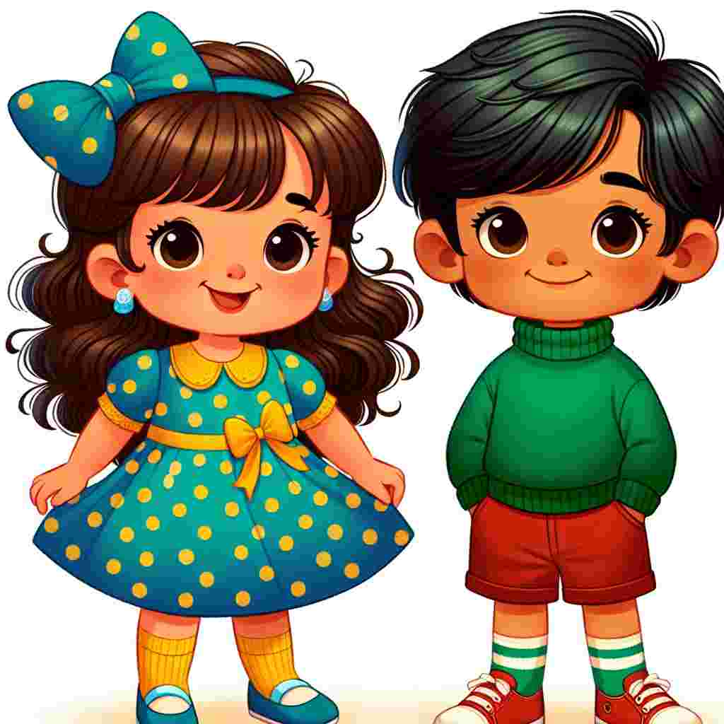 Please create an endearing cartoon-style image that centers two joyful children as the primary subjects. The first child is a young Middle-Eastern girl, wearing a bright blue dress with yellow polka dots. Her hair is dark brown, wavy, and she sports a large bow clip on one side. The second child is a South-Asian boy donned in a green turtleneck sweater, a pair of red shorts, and sneakers. He possesses short black hair parted neatly to a side. Despite a meticulous review of their vibrantly rich backdrop, there are no animals to be found in the illustration.
.
Made with ❤️ by AI.