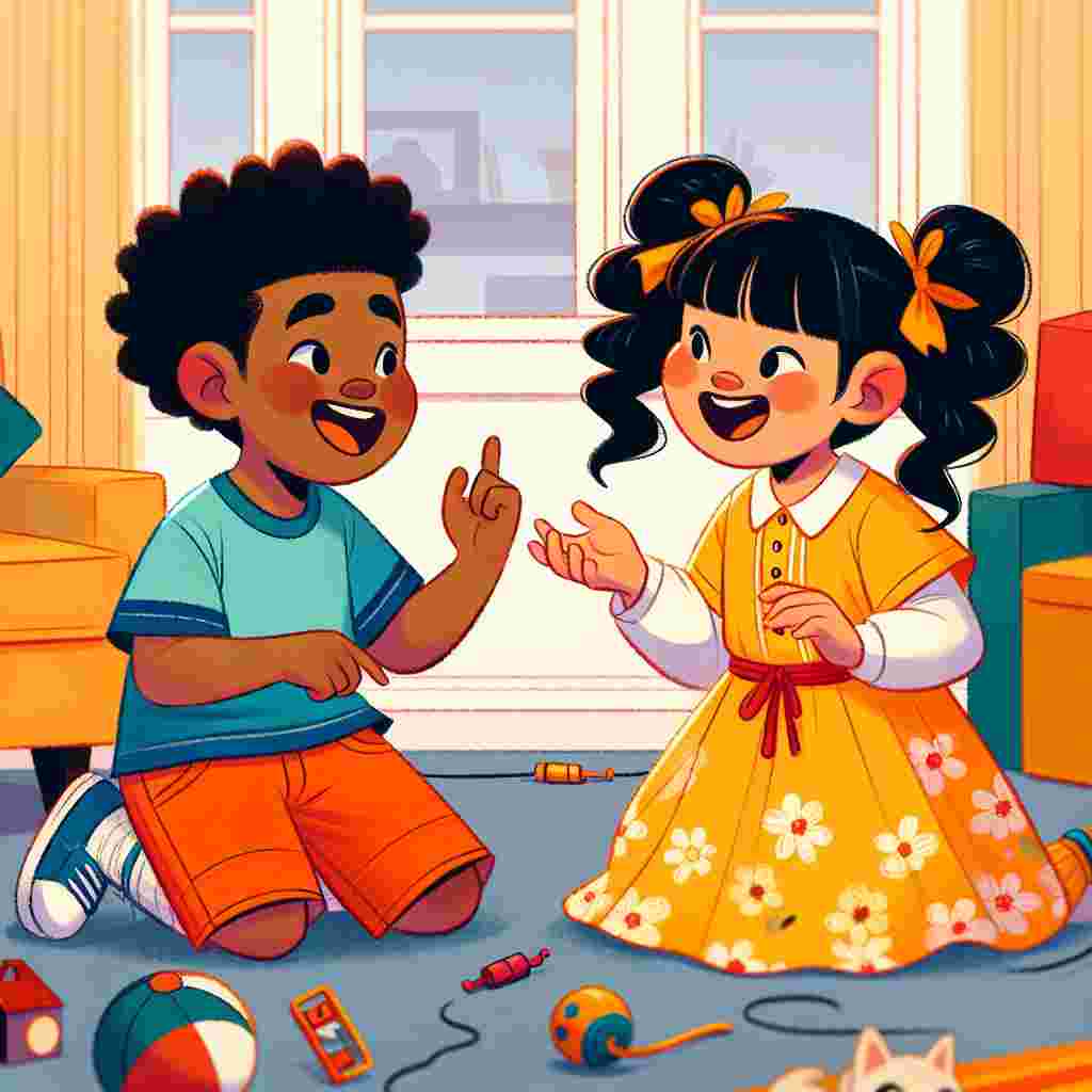 Illustrate a vibrant and playful cartoon scene with two children interacting with each other. One child is Black, male, with curly hair, wearing bright orange shorts and a blue t-shirt. The other child is East Asian, female, with black pigtails, donning a yellow sundress. They are both laughing and their gestures indicate that they are in the middle of a game. In the background, we see a homely setting, maybe their living room, with toys scattered around suggesting a fun playtime session. Despite the detail, no pets or animals are incorporated into this depiction.
.
Made with ❤️ by AI.