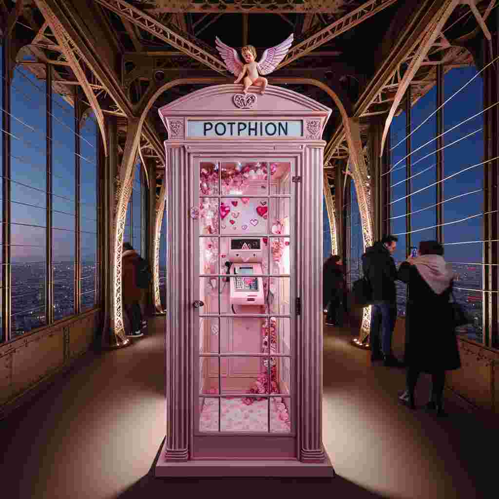 Picture the setting at the top of the Eiffel Tower, where a small, exclusive Valentine's Day event is happening. Among the steel girders, you notice a fully life-sized, pink vintage phone booth that has been repurposed into a photo booth for couples. This unique booth is realistically detailed with elements that reflect the theme of love: cupids, ribbons, and other Valentine-inspired decorations. Pleasant pink and white lights bathe the booth, providing an impressive contrast to the Parisian night sky. Nearby, couples seize the opportunity to capture beautiful memories of this special holiday.
Generated with these themes: Doctor Who, Pink Tardis, and Eiffle Tower.
Made with ❤️ by AI.