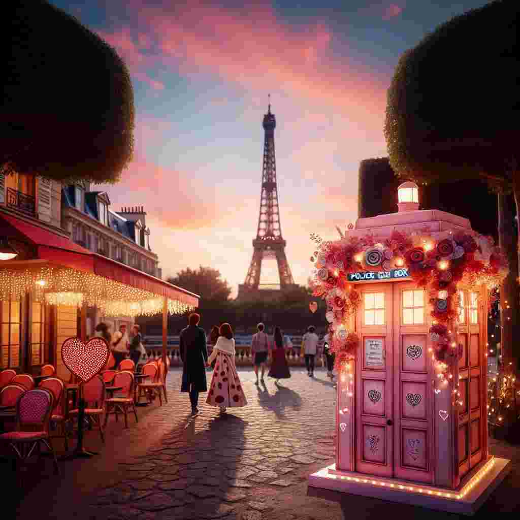Imagine a delightful scene set in an enchanting street in Paris, with the renowned silhouette of the Eiffel Tower against the backdrop of a warmly illuminated sunset. In the foreground, a peculiarly colored pink police box, reminiscent of the whimsical time machines from science fiction stories, adds a fantastical element to the otherwise traditional setting. The box is elegantly embellished with decorations typical of Valentine's Day - red and white blooms, intricate paper hearts, and glimmering fairy lights that sparkle as the evening sets in. Nearby, couples of varying descents and genders leisurely stroll along, occasionally halting to marvel at the appealing yet surreal spectacle.
Generated with these themes: Doctor Who, Pink Tardis, and Eiffle Tower.
Made with ❤️ by AI.