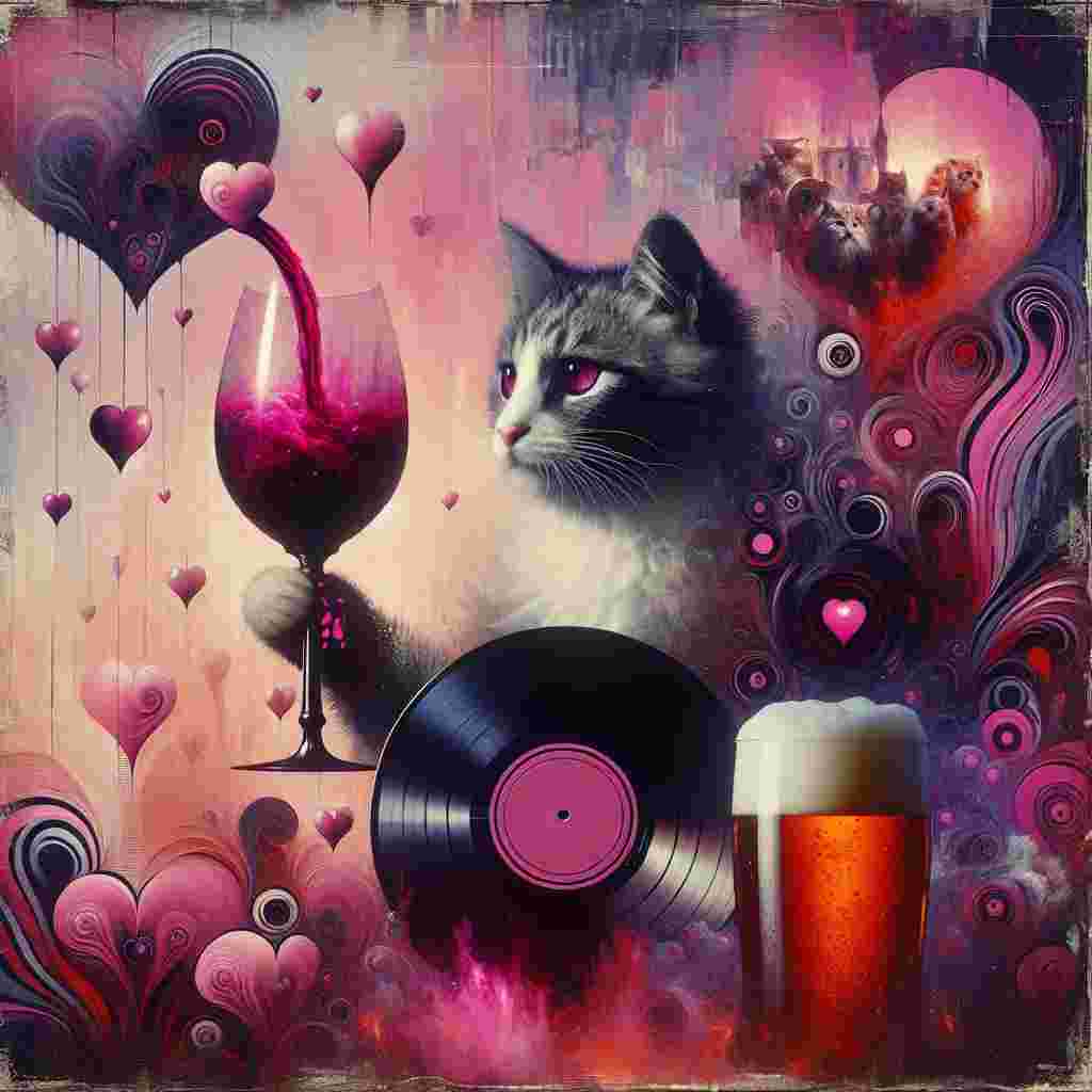 In a dreamscape painted in the contrasting shades of pink and black, the spirit of love day twisting narratives in a surprising manner. Standing with a sense of regal aura at the core, a mottled _cat with its coat ornamented in a diverse range of visually compelling pigments. In its paws, it clenches a lavishly designed chalice brimming with crimson-tinted vine, the thick fragrance of the vintage mingling with the subtle hoppy undertones from a frothy pint of beer aligned next to a retro disc record — an unidentified band from the past runs in the backdrop. The entire spectacle framed by raw, edgy hearts and an abstract assortment of forms, echoing the vibes of a rebellious music poster, curating a tribute soaked in affection that challenges the norms of realism.
Generated with these themes: Calico cat, Red wine, Beer, Pink and black, The smiths, and Punk.
Made with ❤️ by AI.
