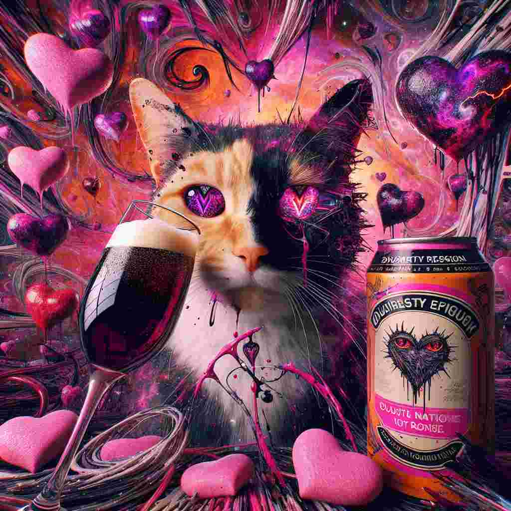 Create an image capturing a unique convergence of punk rebellion and ethereal romance. A calico cat possesses eyes that mirror a chaotic pink and black cosmic scene. It is found amidst a clutter of sharp, abstract heart figures. The cat is sipping gracefully from a champagne flute, brimming with a rich, dark wine. Nearby, a craft beer can decorated with doubtful lyrics teeters against a wall that seemingly throbs in rhythm to an invisible punk song. The atmosphere oozes with visceral, surreal energy, envisioning Valentine's day through a bold punk perspective and abstract surrealism.
Generated with these themes: Calico cat, Red wine, Beer, Pink and black, The smiths, and Punk.
Made with ❤️ by AI.