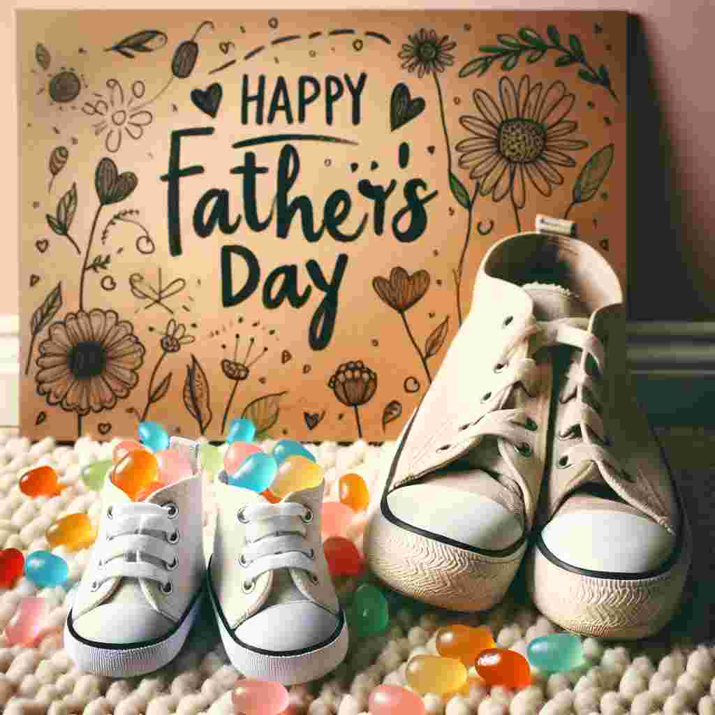 Create a heartwarming illustration for Father's Day. The primary subject of this image is a pair of small, child's canvas shoes placed closely next to an adult-size pair, representing a loving father-child bond. The shoes are overflowing with pastel-shaded jelly beans which spill out onto a soft, fluffy carpet below. In the background, a faint, artistic doodle on the wall reads 'Happy Father's Day', adorned with jelly beans on the letters for a charming and sweet effect.
Generated with these themes: Jelly beans.
Made with ❤️ by AI.