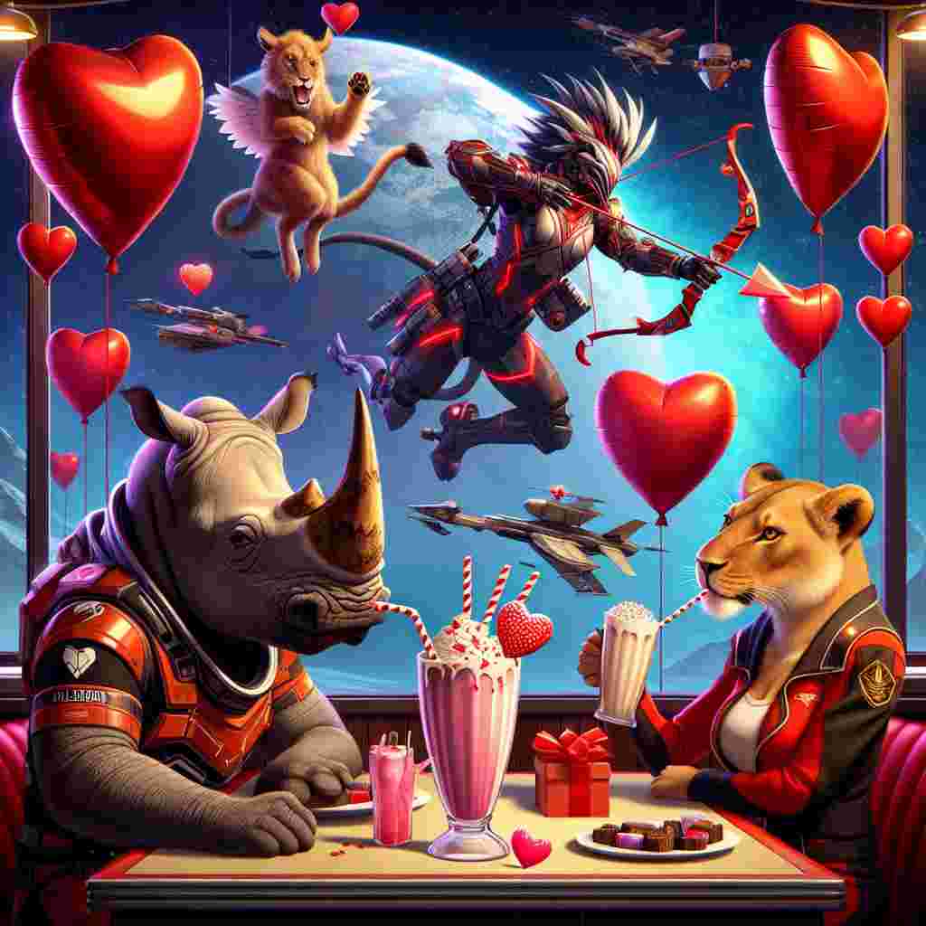 A space-themed bar serves as the setting for a Valentine's love feast, decorated with heart-shaped balloons. An unlikely pair of a rhino and a lioness humorously share a milkshake, reminiscent of old American diner scenes. Above them, a dragon, dressed in the style of a fantasy tabletop RPG and adorned with arrows symbolizing Cupid, breathes playful fire. On the side, a red-and-black clad, masked action hero known for breaking the fourth wall, gives a cheeky wink to the viewer while holding a box of chocolates. Nearby adventurers engage in a friendly virtual game tournament featuring Valentine's themed modifications and customizations.
Generated with these themes: Star wars, Rhino, Lioness, Dungeons & Dragons, Marvel, and Computer game.
Made with ❤️ by AI.