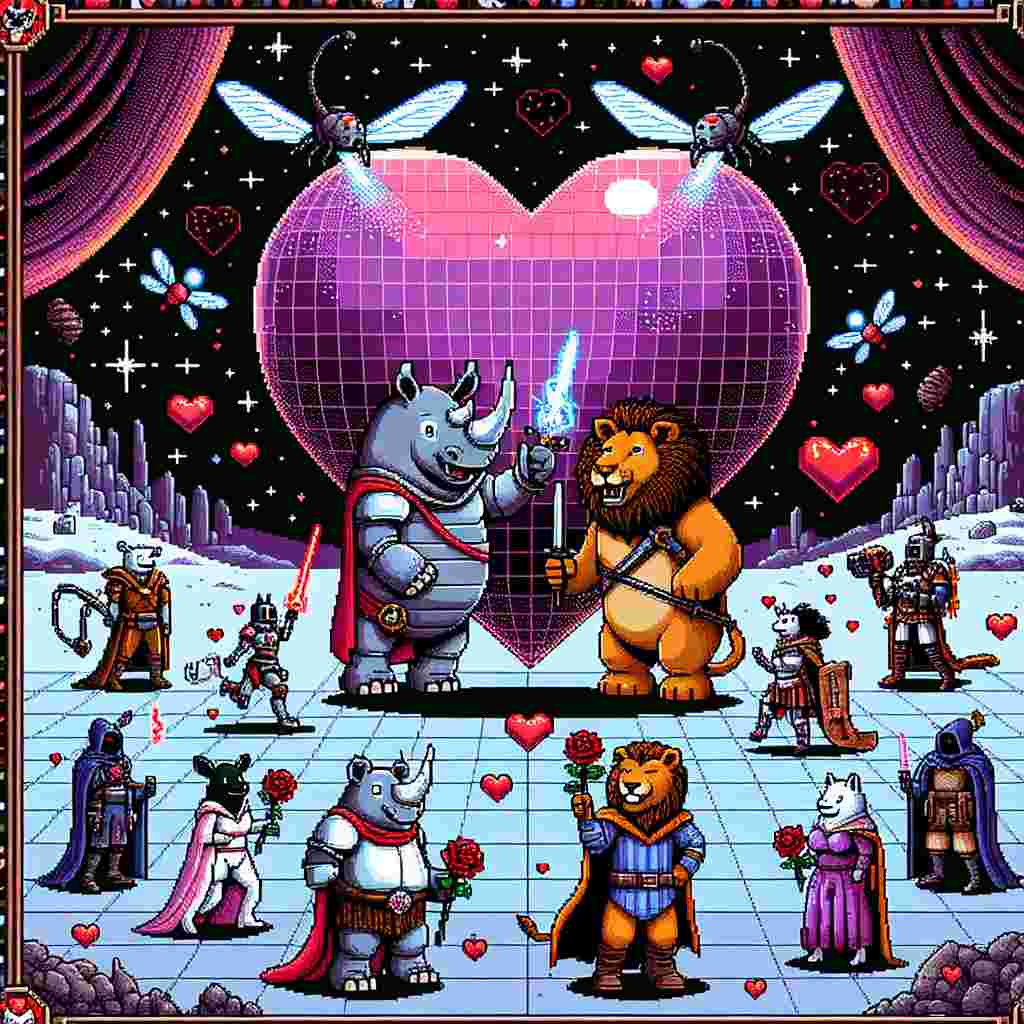 Illustrate a playful image set against the background of a whimsical galactic battleground. The central focus is a distinctive heart-shaped planet, home to funny couples of rhinos and lionesses, both playfully brandishing futuristic energy blades, celebrating a day of love and togetherness. Surrounding them, fantasy adventurers sporting cloaks and armor participate in friendly dialogues, reminiscent of classic tabletop role-playing games from decades past. Also included are costumed vigilantes, known for their agility and affinity for arachnids, buzzing around and sharing roses. The enchanting scene is contained within the framework of a nostalgic computer game interface, complete with pixel-art hearts and 8-bit music.
Generated with these themes: Star wars, Rhino, Lioness, Dungeons & Dragons, Marvel, and Computer game.
Made with ❤️ by AI.