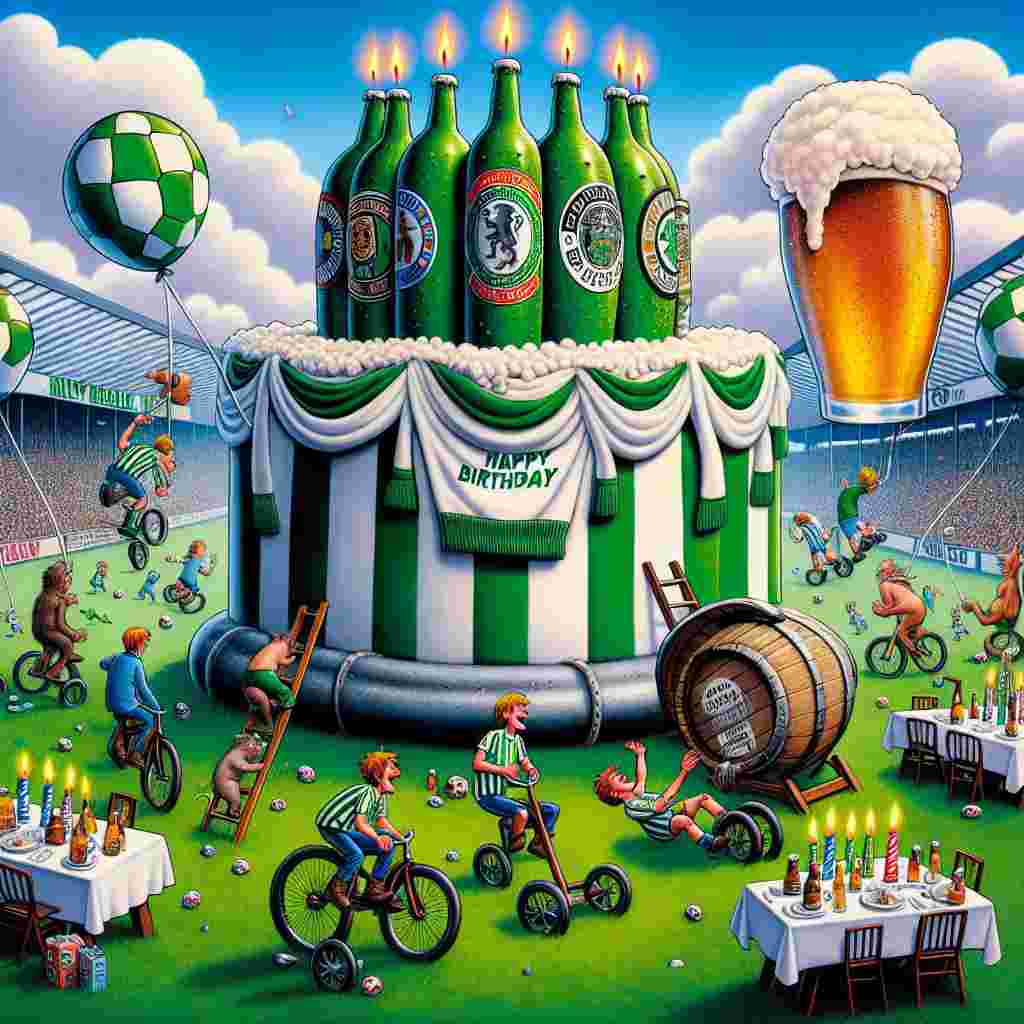 Imagine a whimsical celebration in a noticeably illustrative world where the joy of a birthday party intermingles with the affection for a local football club. Picture gigantic beer bottles draped in team scarves riding unicycles happily in a parade. The tables are decorated with green and white balloons symbolizing the team's colors. Below, the grass reflects the revered grounds of beloved local football park. An oversized birthday card stands majestically, boasting club badges and simulated signatures of iconic team members. Candles shimmer atop a unique birthday cake fashioned from a beer keg, setting the stage for an eccentric, cartoonish festivity.
Generated with these themes: Celtic football club , Beer, and Cycling .
Made with ❤️ by AI.